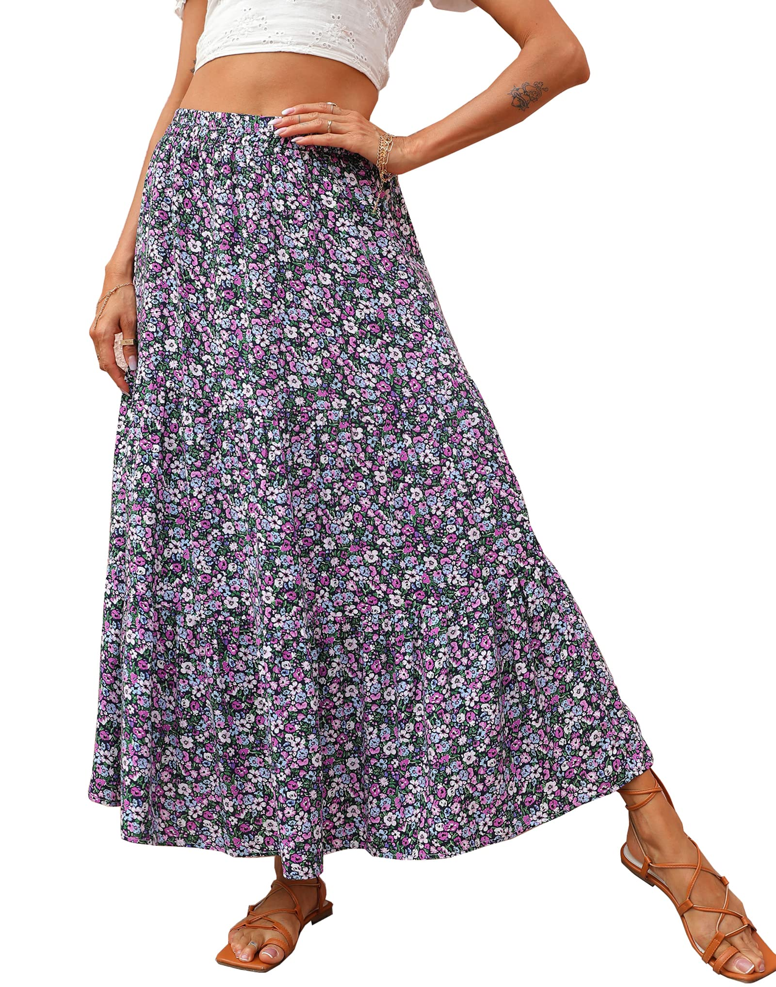 KIRUNDO Women 2026 Spring Summer High Waist Boho Floral Maxi Skirt Trendy Casual Flowy Swing Pleated A Line Beach Long Skirts