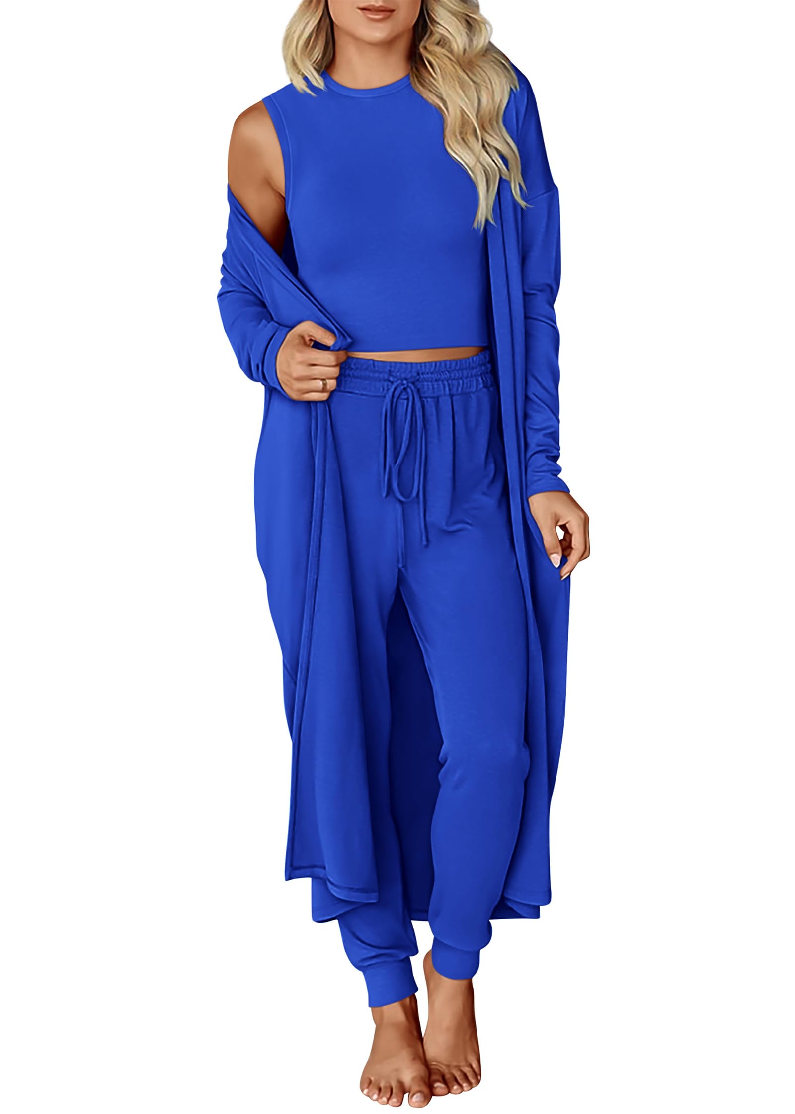 KIRUNDO 3 Piece Lounge Sets for Women Airport Travel Vacation Outfits Spring Cardigan Matching Sleeveless Top Jogger Pants
