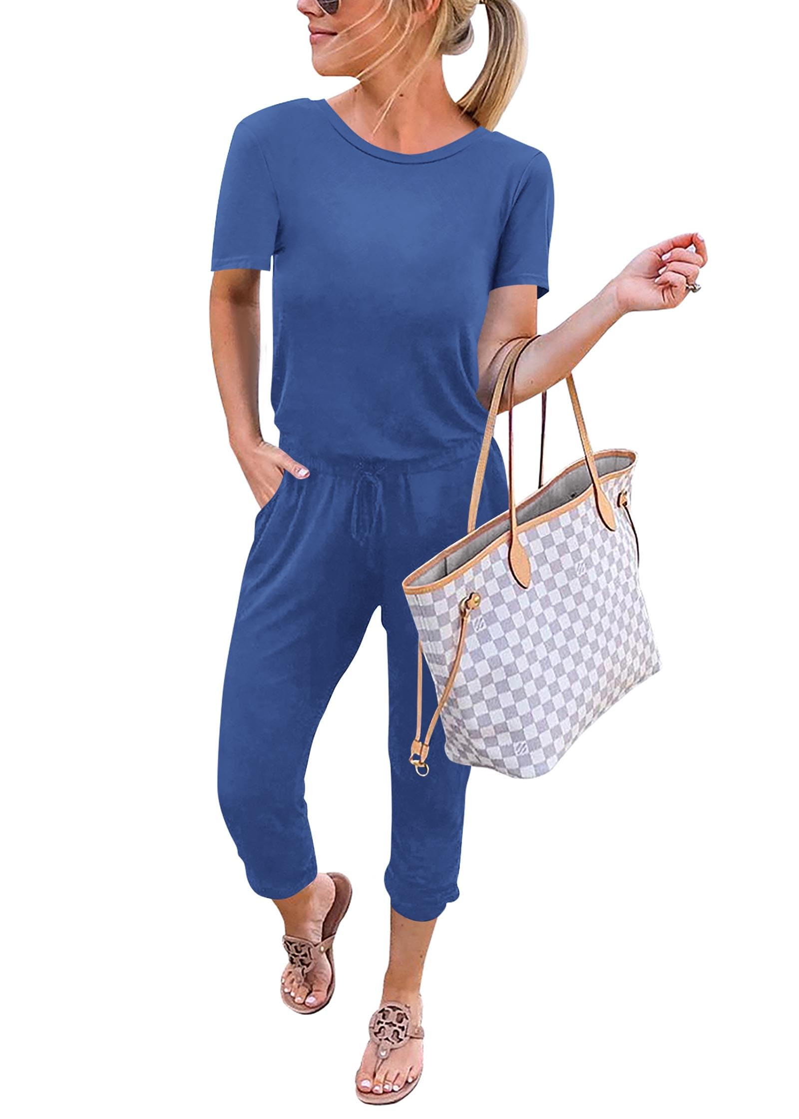 KIRUNDO Jumpsuits for Women Summer 2026 Casual Short Sleeve One Piece Outfits Drawstring Waist Long Pants Romper Jumpers