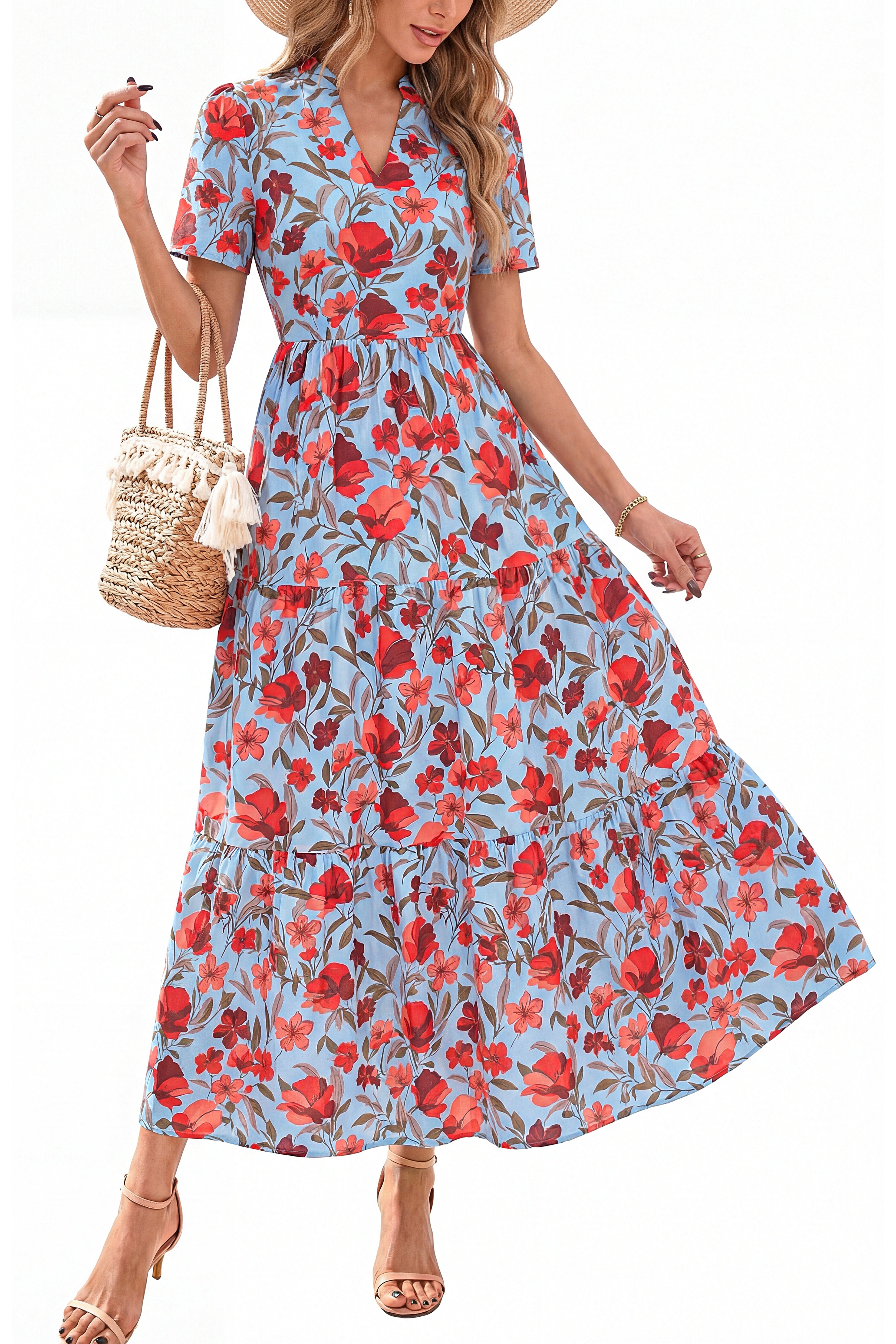 KIRUNDO Women’s Summer Dresses Casual V Neck Short Sleeve Floral Long Flowy A Line Boho Maxi Dress for Beach Vacation Wedding