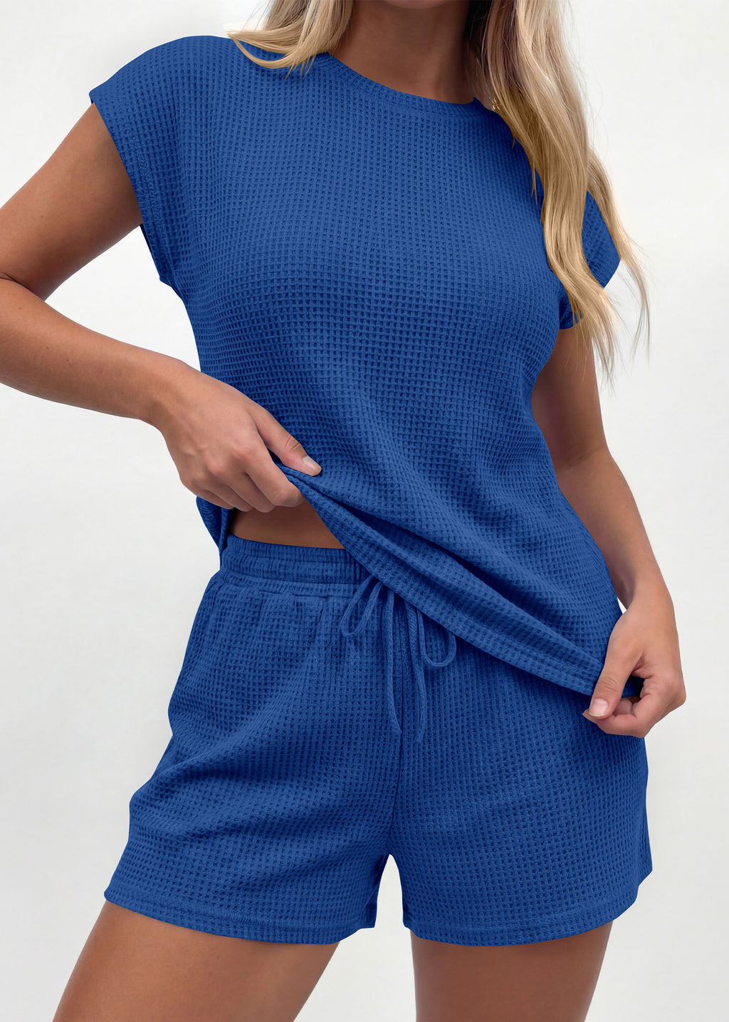 KIRUNDO 2 Piece Sets For Women 2026 Summer Waffle Knit Cap Sleeve Lounge Set Casual Travel Vacation Outfits With Shorts