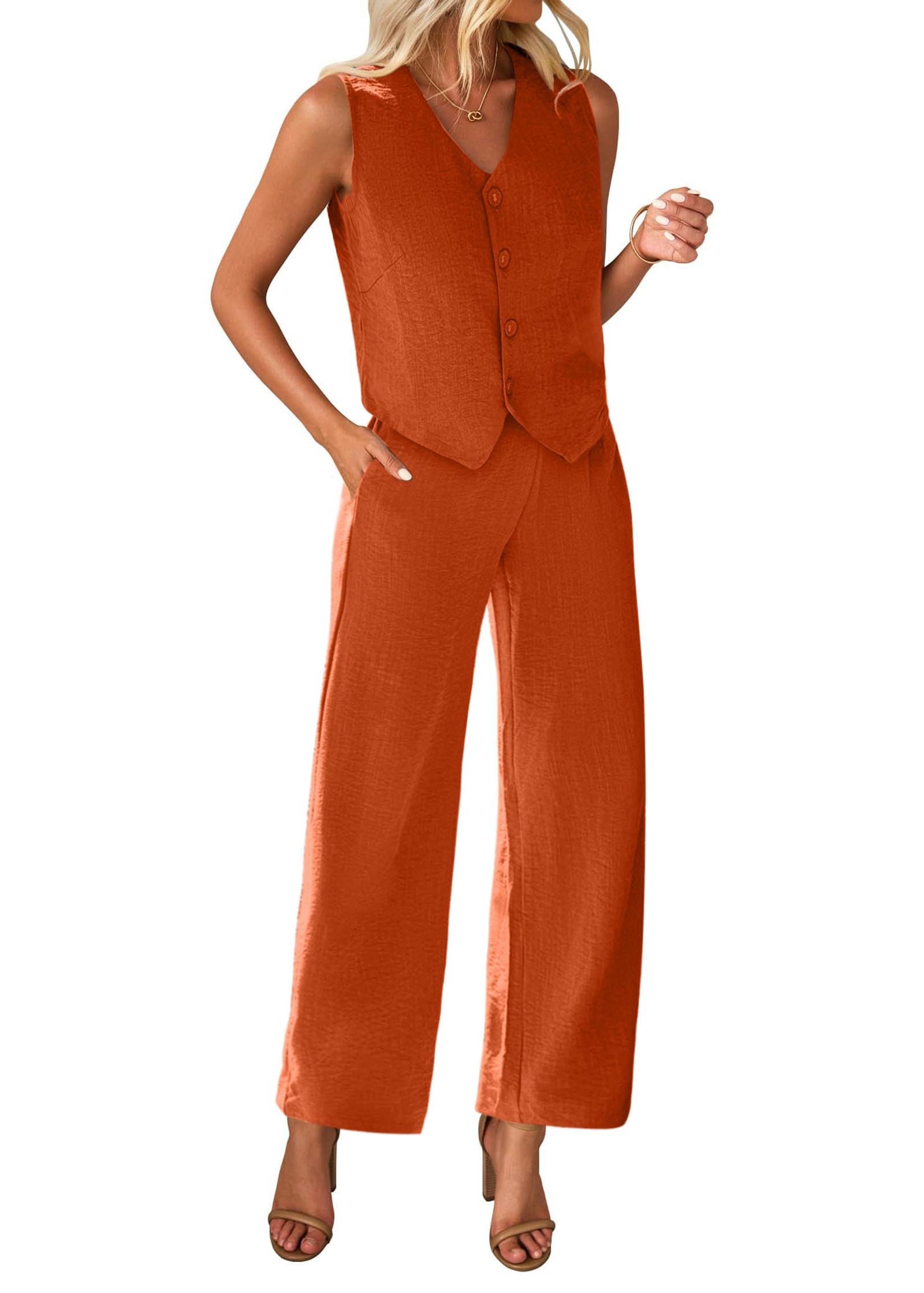 KIRUNDO Womens Two Piece Outfits Summer Fashion Button V Neck Crop Vest Blazer and Wide Leg Pants Suit Matching Sets