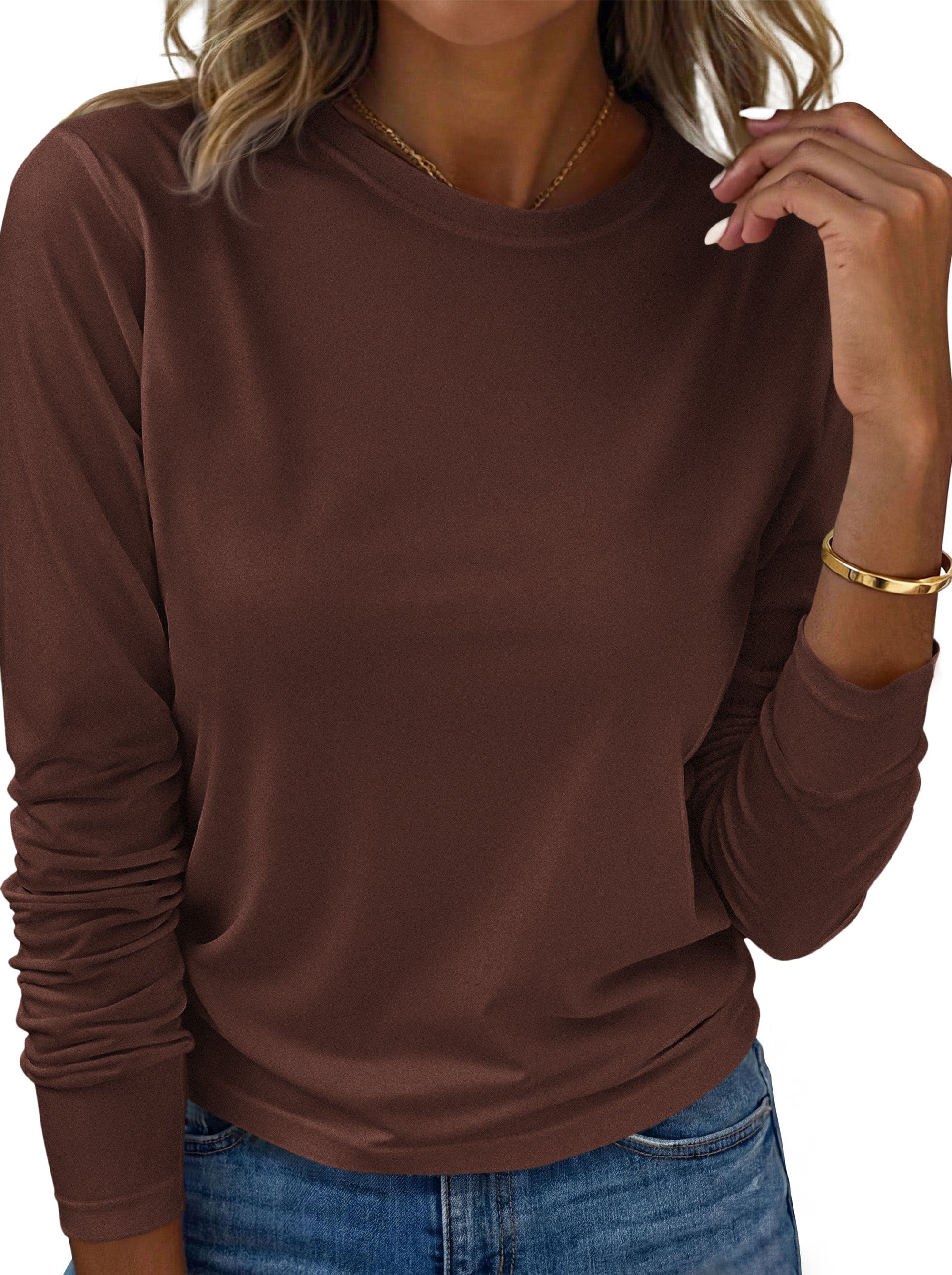 KIRUNDO Womens Long Sleeve Shirts Fall Fashion 2026 Crewneck Casual T Shirt Soft Knit Basic Tee Workout Going Out Tops