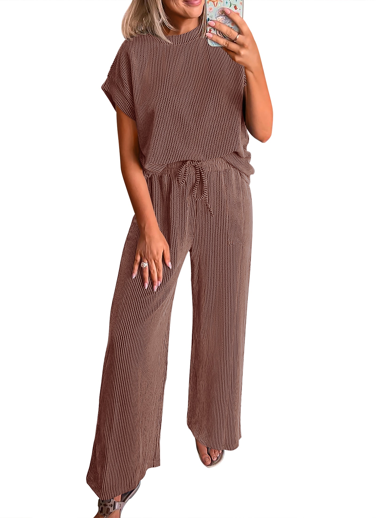 KIRUNDO 2 Piece Sets for Women Dressy Casual Ribbed Knit Short Sleeve Tops Wide Leg Pants Lounge Set Travel Airport Outfits