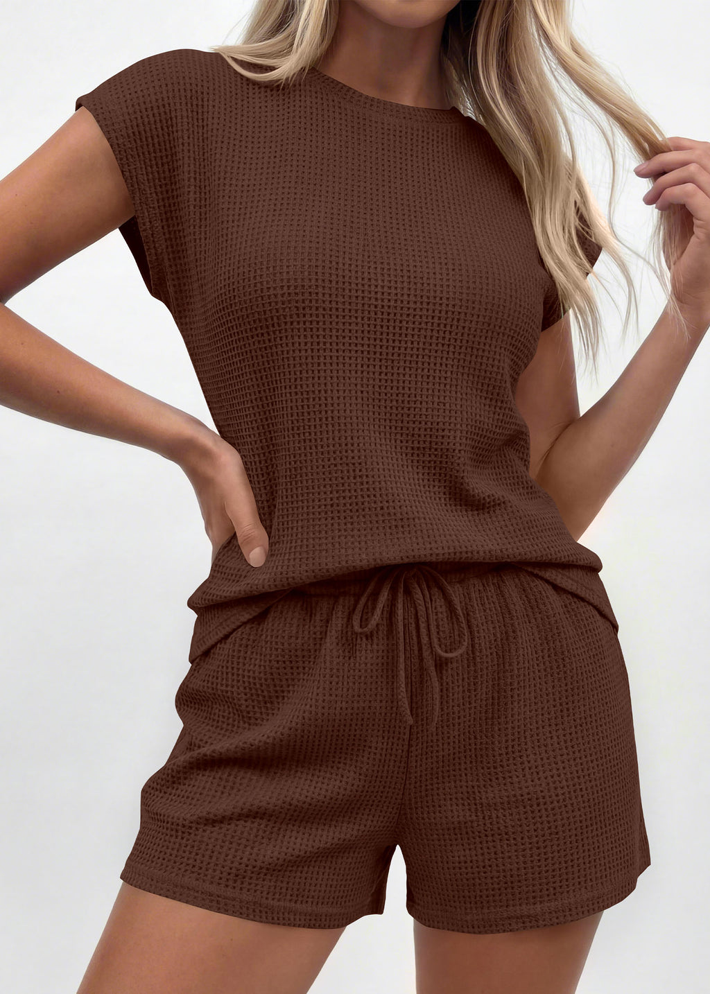 KIRUNDO 2 Piece Sets For Women 2026 Summer Waffle Knit Cap Sleeve Lounge Set Casual Travel Vacation Outfits With Shorts