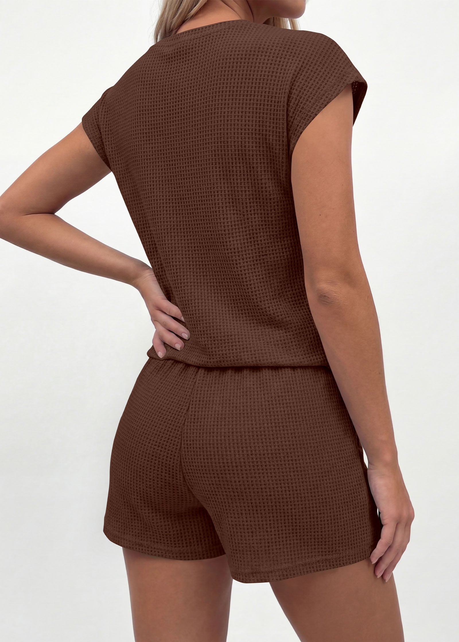 KIRUNDO 2 Piece Sets For Women 2026 Summer Waffle Knit Cap Sleeve Lounge Set Casual Travel Vacation Outfits With Shorts