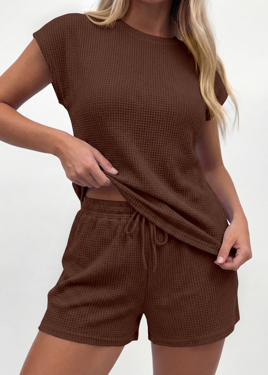 KIRUNDO 2 Piece Sets For Women 2026 Summer Waffle Knit Cap Sleeve Lounge Set Casual Travel Vacation Outfits With Shorts