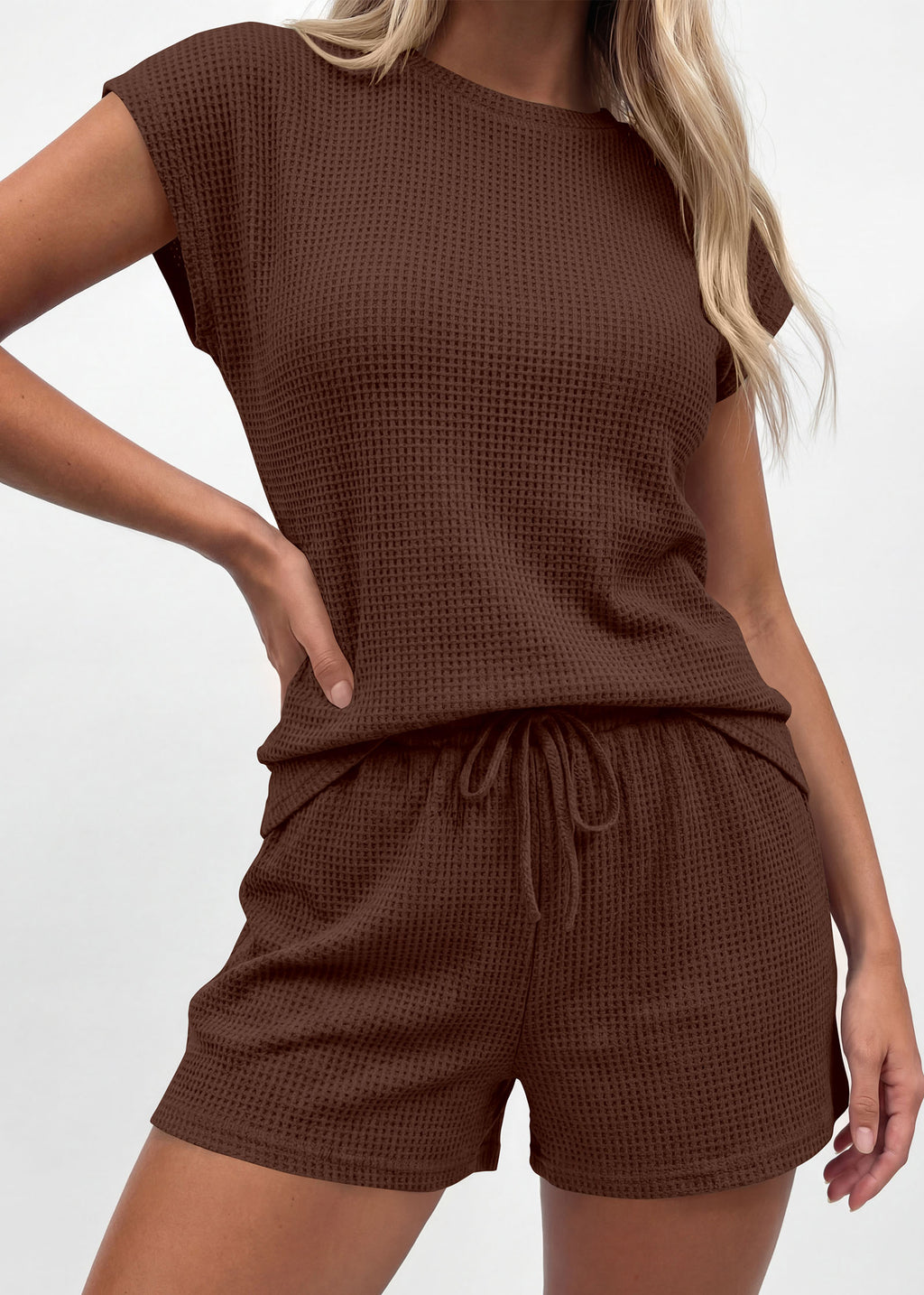 KIRUNDO 2 Piece Sets For Women 2026 Summer Waffle Knit Cap Sleeve Lounge Set Casual Travel Vacation Outfits With Shorts