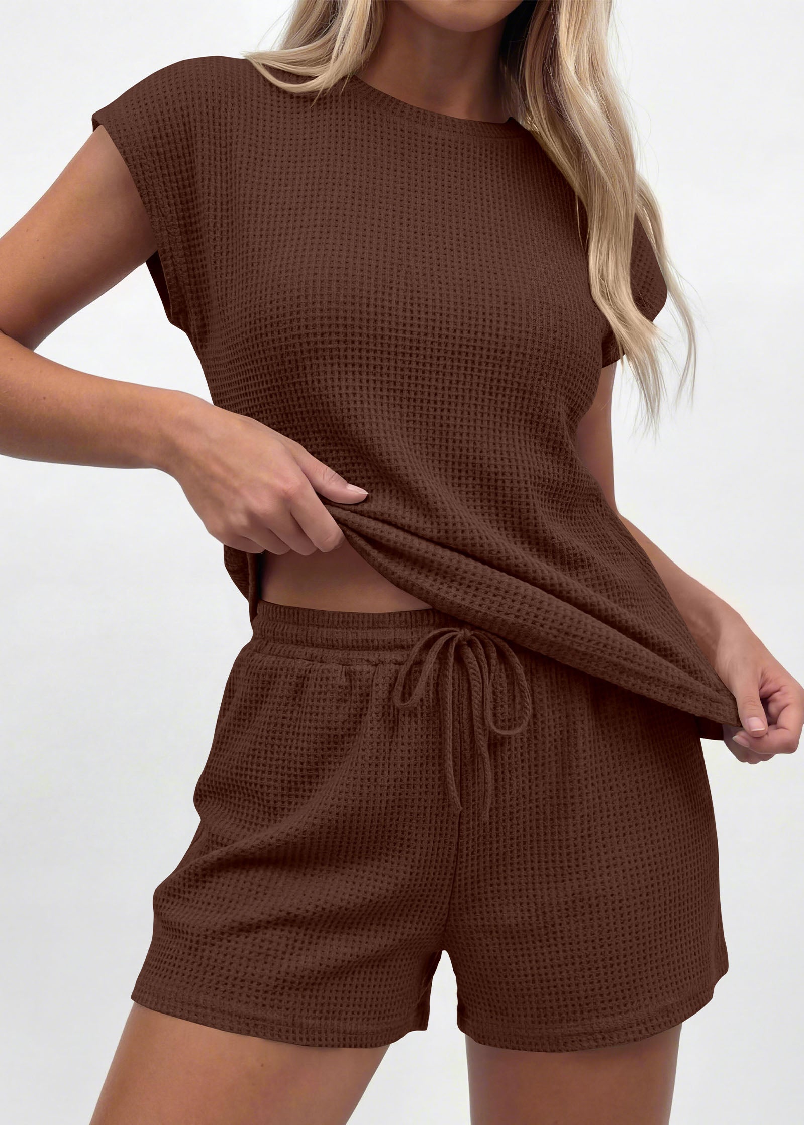 KIRUNDO 2 Piece Sets For Women 2026 Summer Waffle Knit Cap Sleeve Lounge Set Casual Travel Vacation Outfits With Shorts