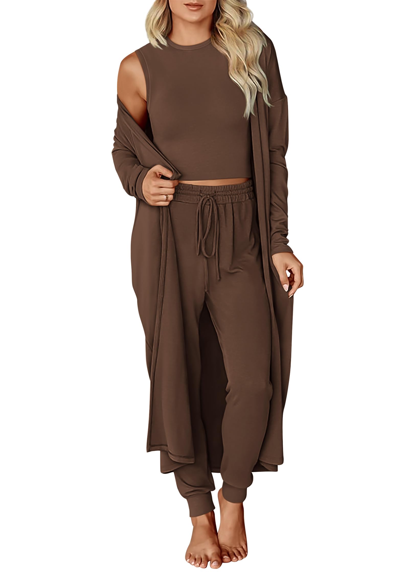 KIRUNDO 3 Piece Lounge Sets for Women Airport Travel Vacation Outfits Spring Cardigan Matching Sleeveless Top Jogger Pants