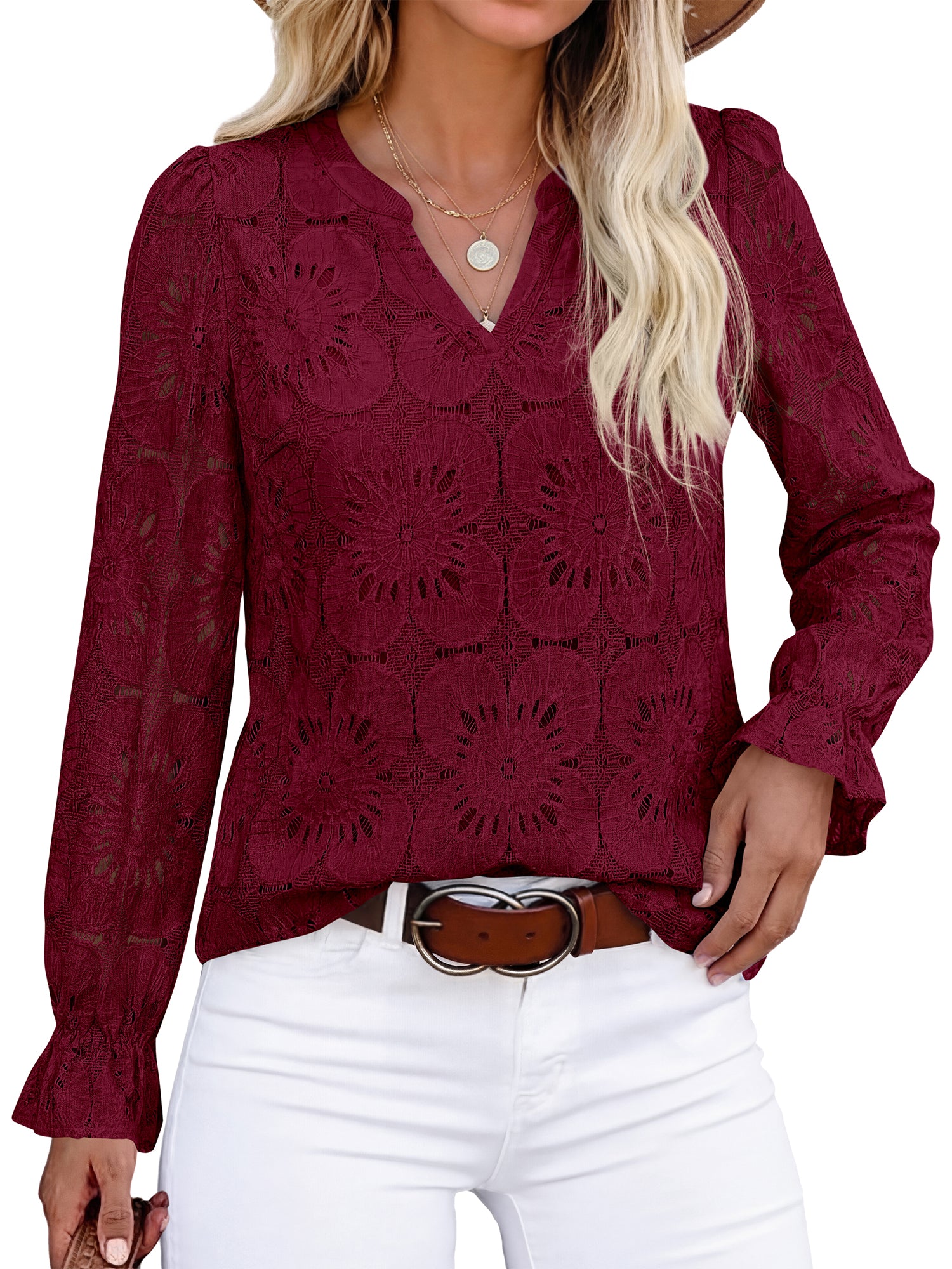 KIRUNDO Lace Tops for Women Dressy Eyelet Long Sleeve Blouses