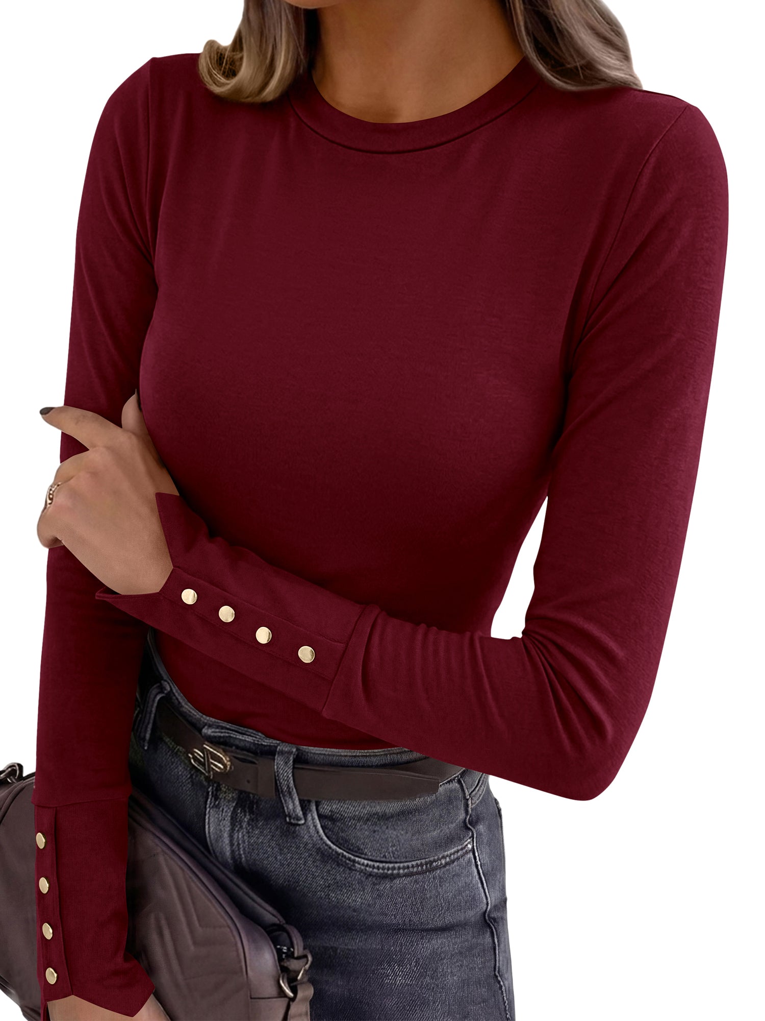 KIRUNDO Long Sleeve Shirts for Women Crew Neck Button Cuffs Business Casual Tops Slim Fitted Basic Knit Tee Fall Clothes