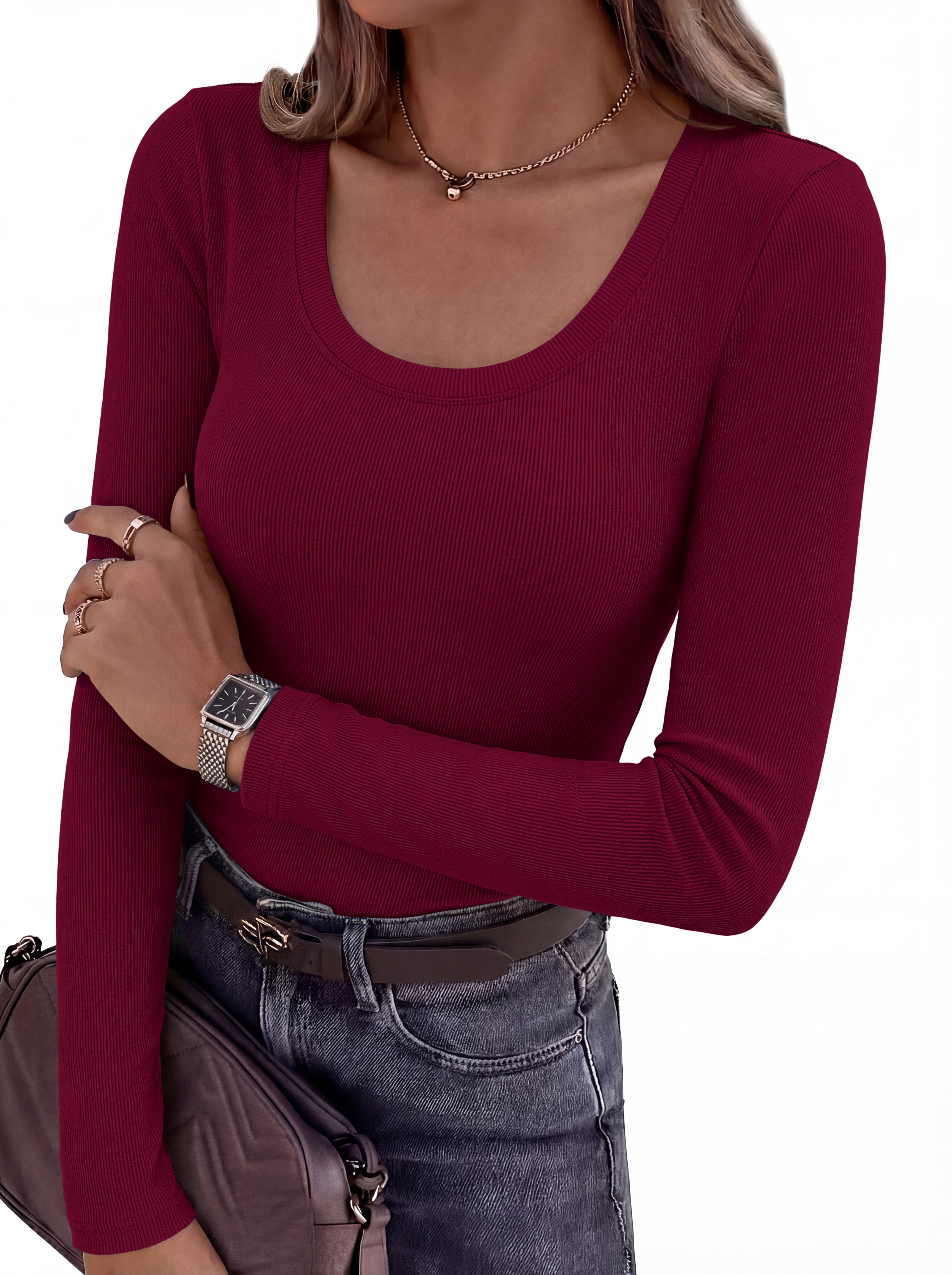 KIRUNDO Womens Long Sleeve Shirts Ribbed Knit Scoop Neck Slim Fitted Casual Basic Tee Going Out Tops 2026 Early Fall Fashion