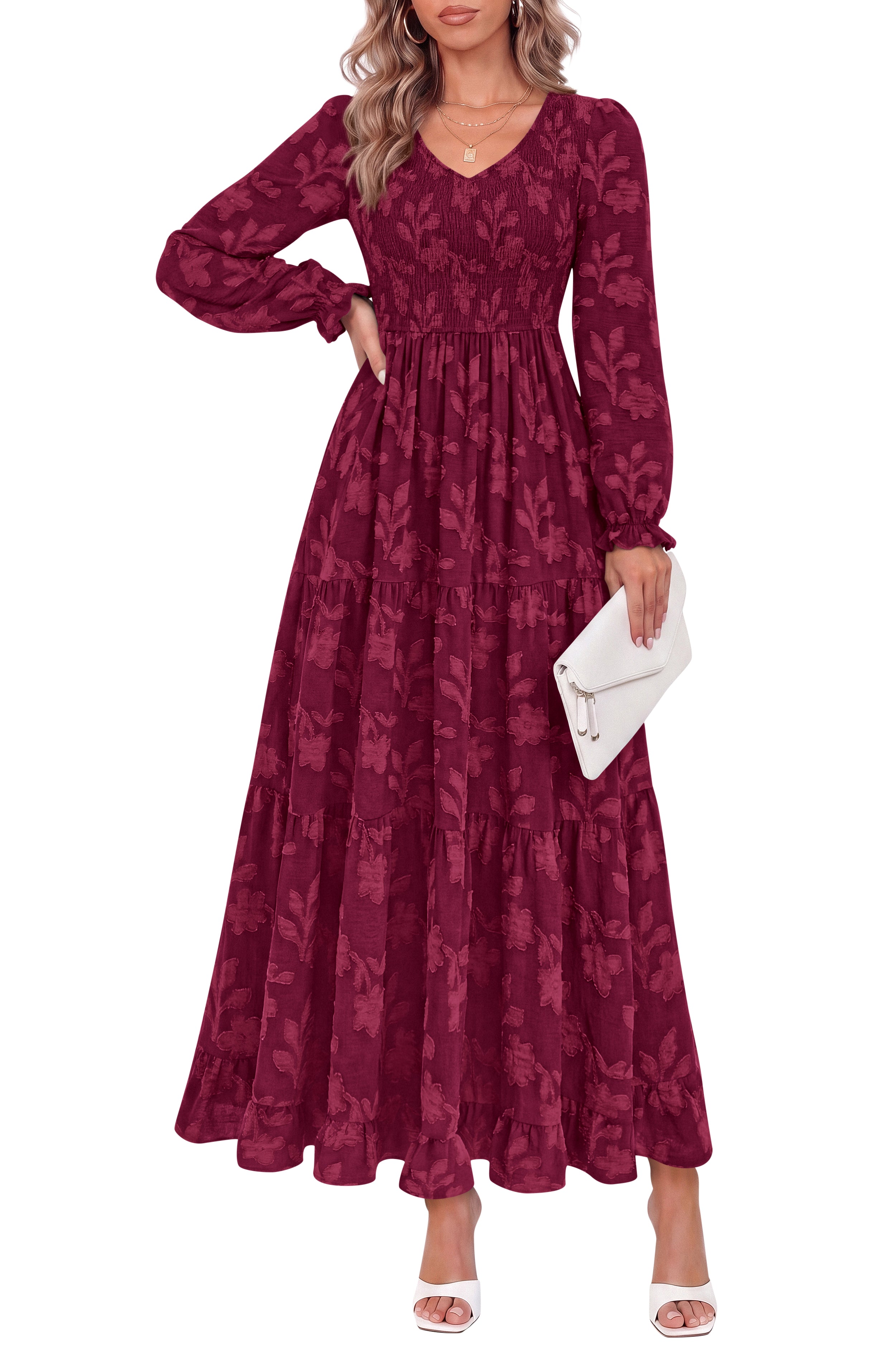 KIRUNDO Fall Dresses For Women 2026 Long Sleeve V Neck Floral Boho Flowy Smocked Casual Wedding Guest Maxi Dress With Pockets