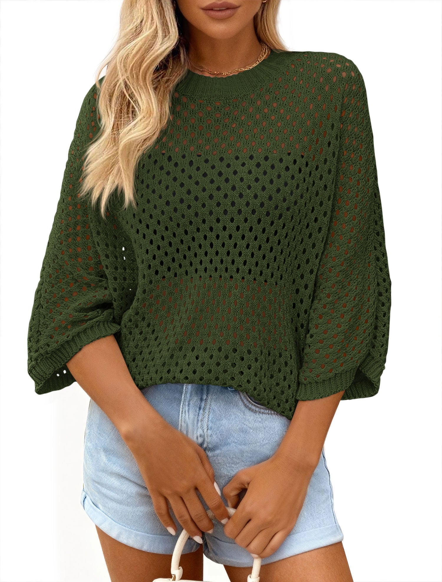 KIRUNDO Crochet Tops for Women Summer Hollow Out Batwing Sleeve Cover Up Cute Pullover Sweater Shirts Beach Vacations Clothes