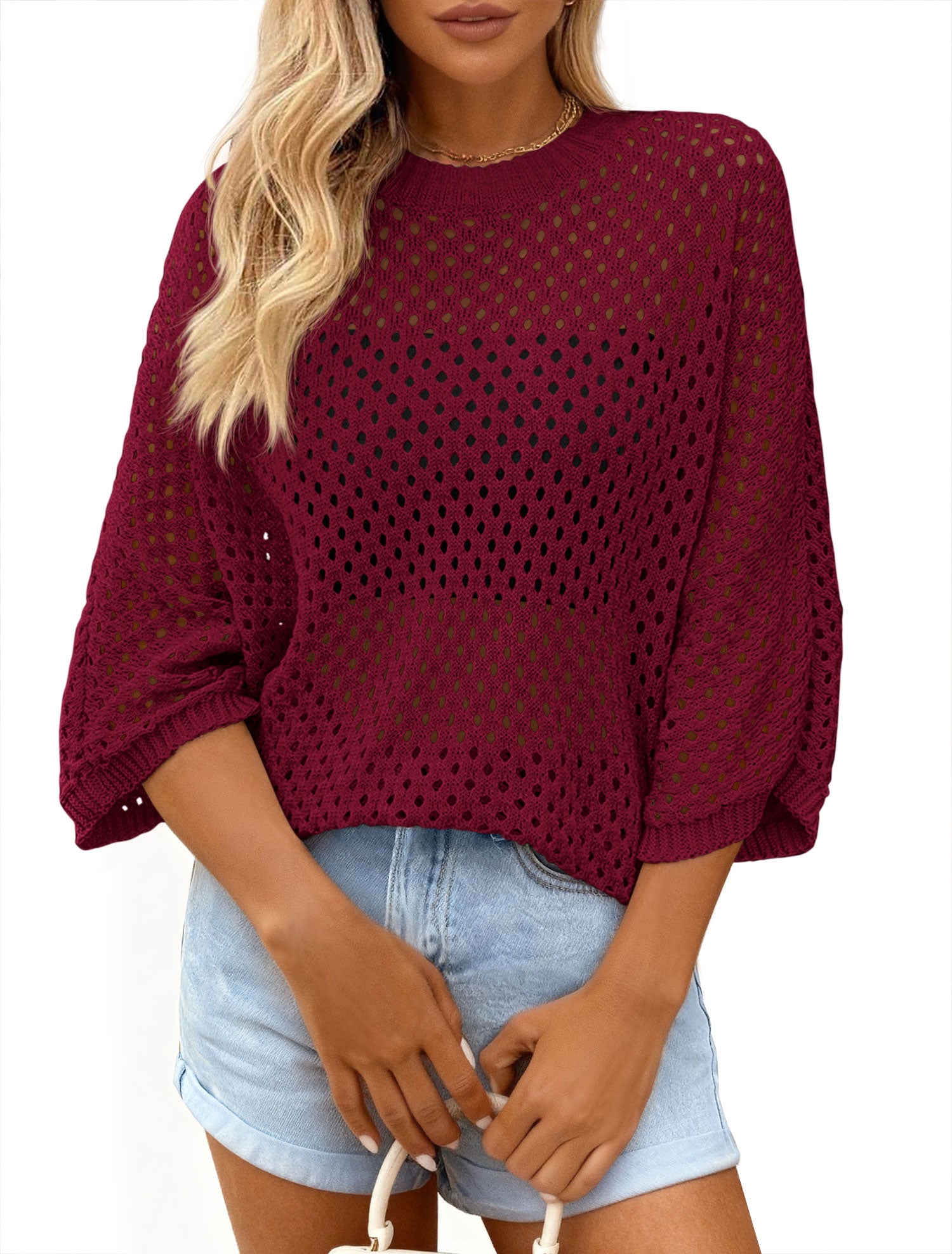 KIRUNDO Crochet Tops for Women Summer Hollow Out Batwing Sleeve Cover Up Cute Pullover Sweater Shirts Beach Vacations Clothes