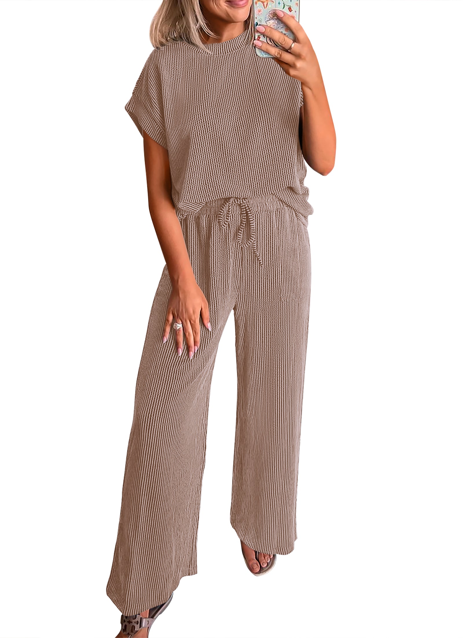 KIRUNDO 2 Piece Sets for Women Dressy Casual Ribbed Knit Short Sleeve Tops Wide Leg Pants Lounge Set Travel Airport Outfits