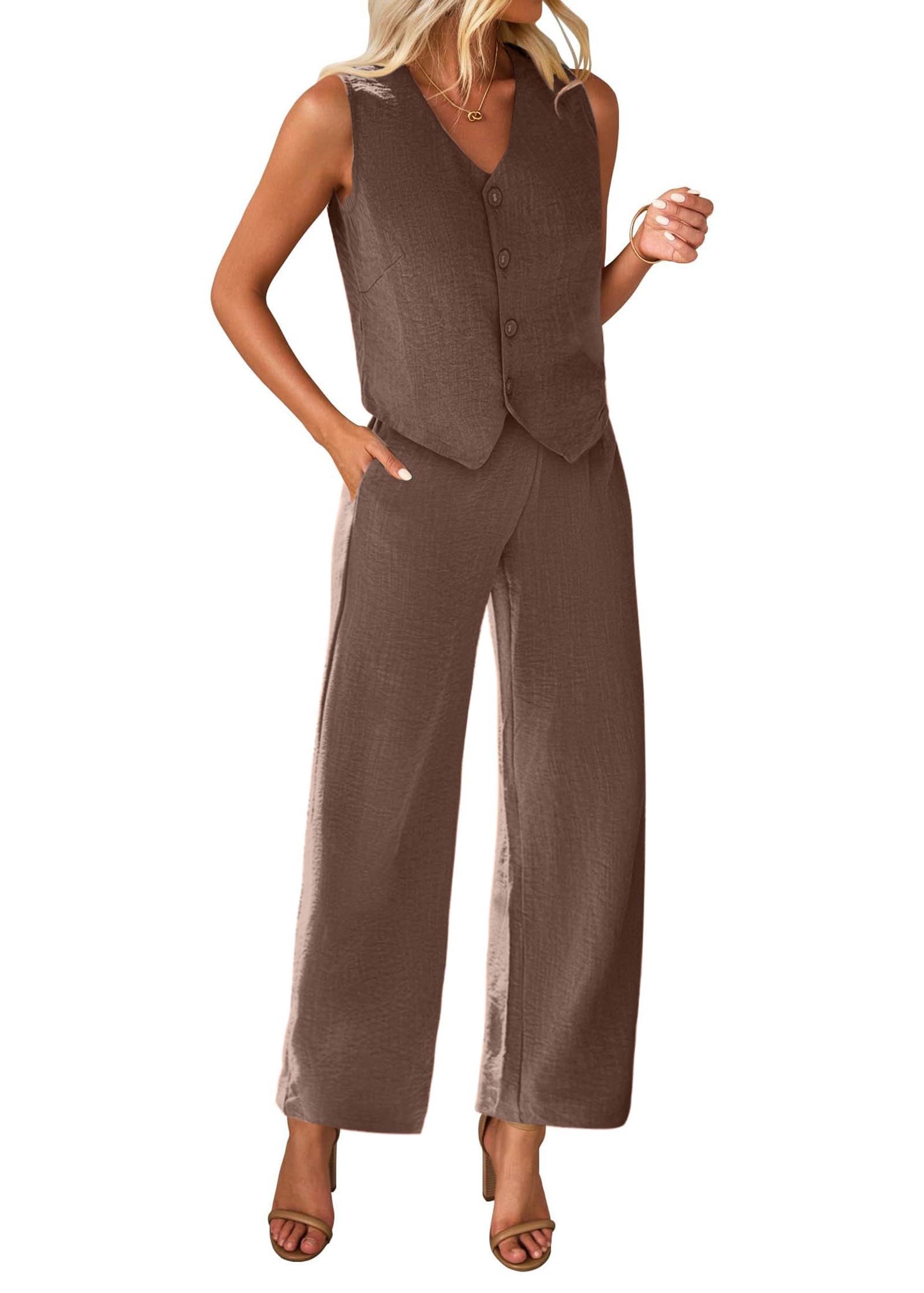 KIRUNDO Womens Two Piece Outfits Summer Fashion Button V Neck Crop Vest Blazer and Wide Leg Pants Suit Matching Sets
