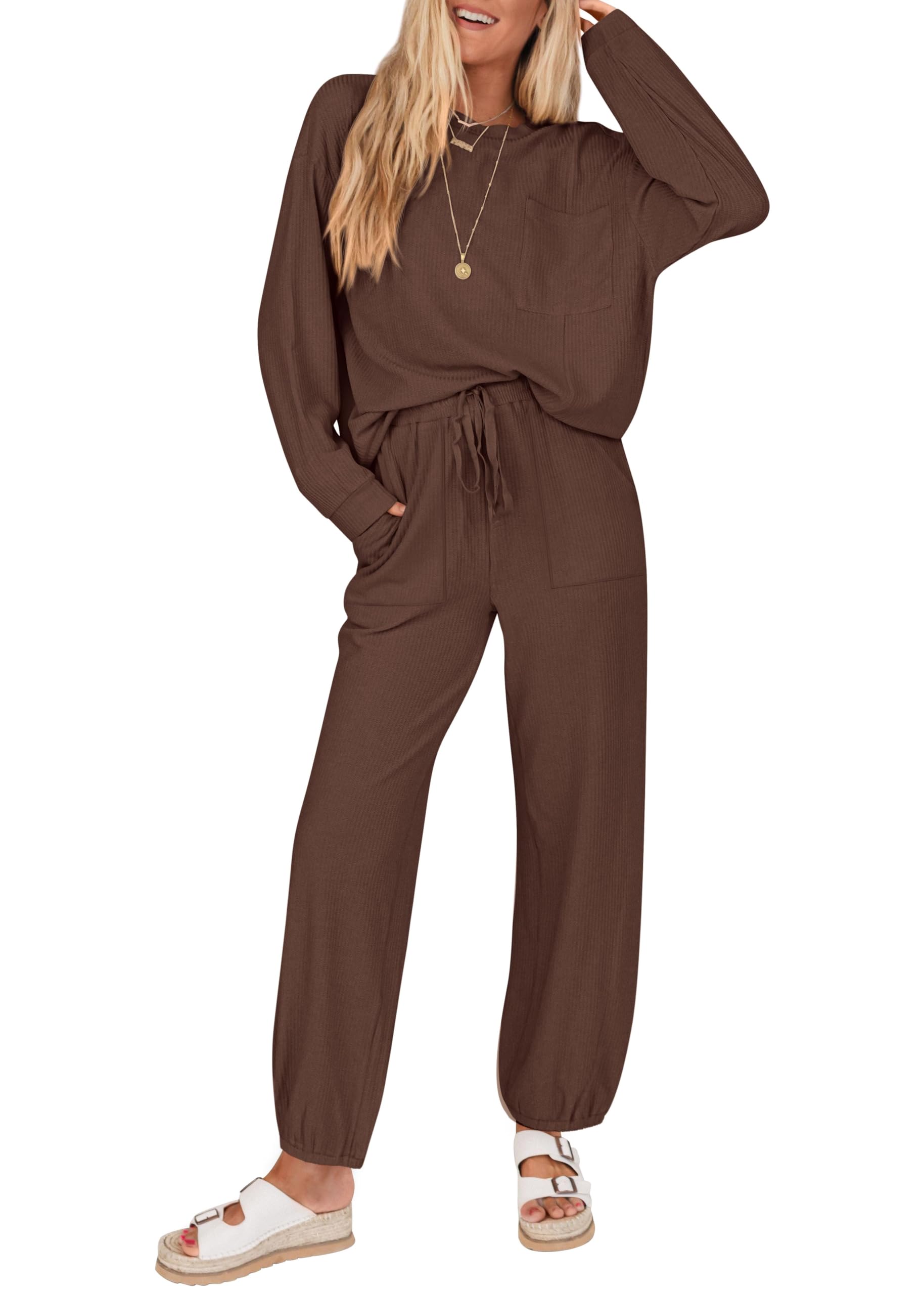 KIRUNDO Lounge Sets for Women 2026 Spring Airport Travel Outfits Ribbed Knit Tops Jogger Pants Tracksuit Postpartum Comfy Set