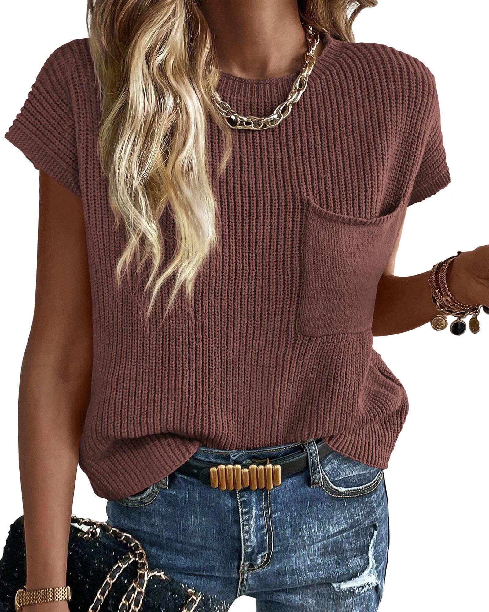 KIRUNDO Spring Summer Short Sleeve Sweater for Women 2026 Casual Sweater Vest Cotton Knit Pullover Tank Tops Fashion Clothing