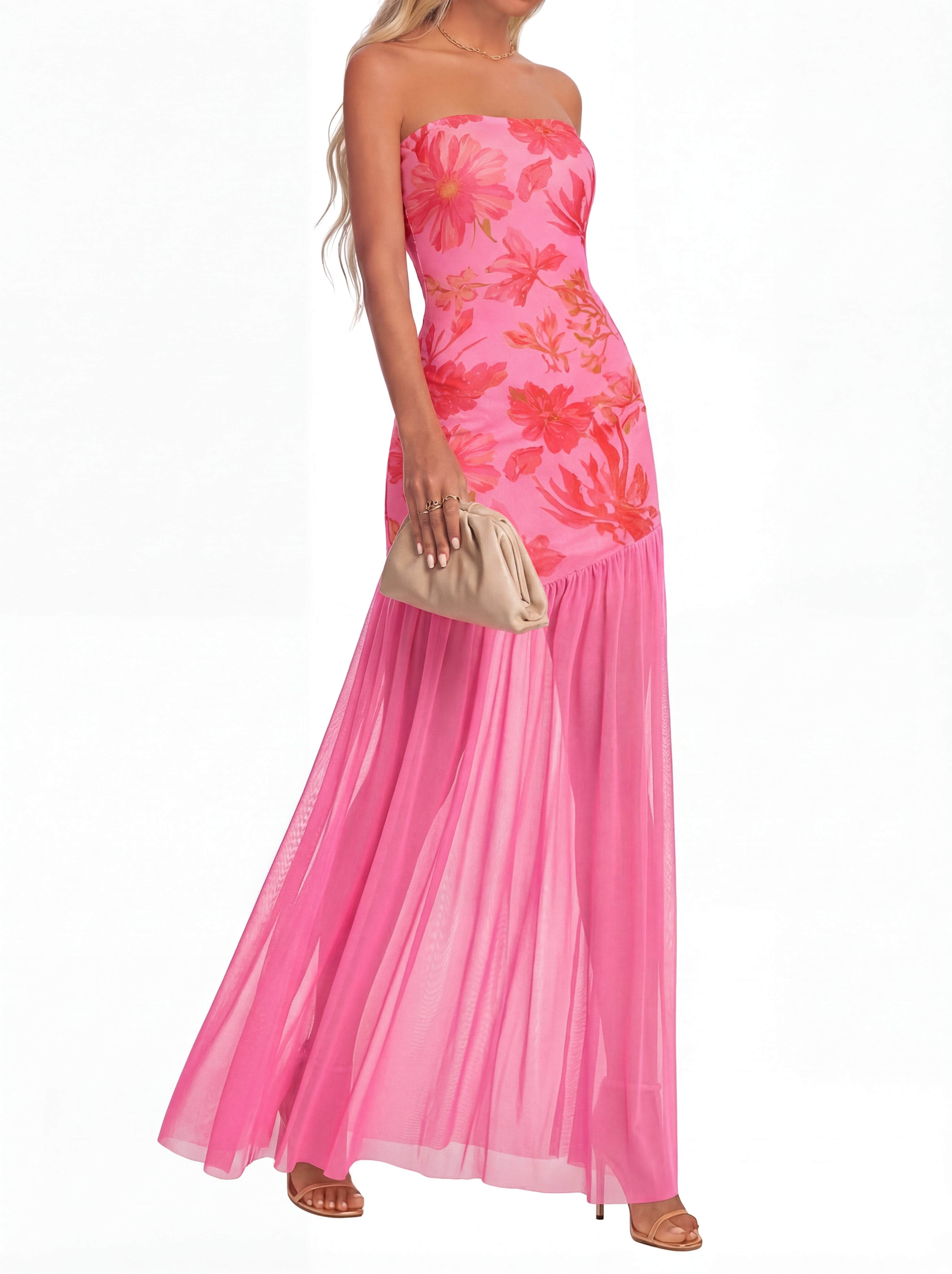 KIRUNDO Women's 2026 Summer Strapless Bodycon Floral Maxi Dress Mesh Mermaid Wedding Guest Cocktail Party Formal Dresses