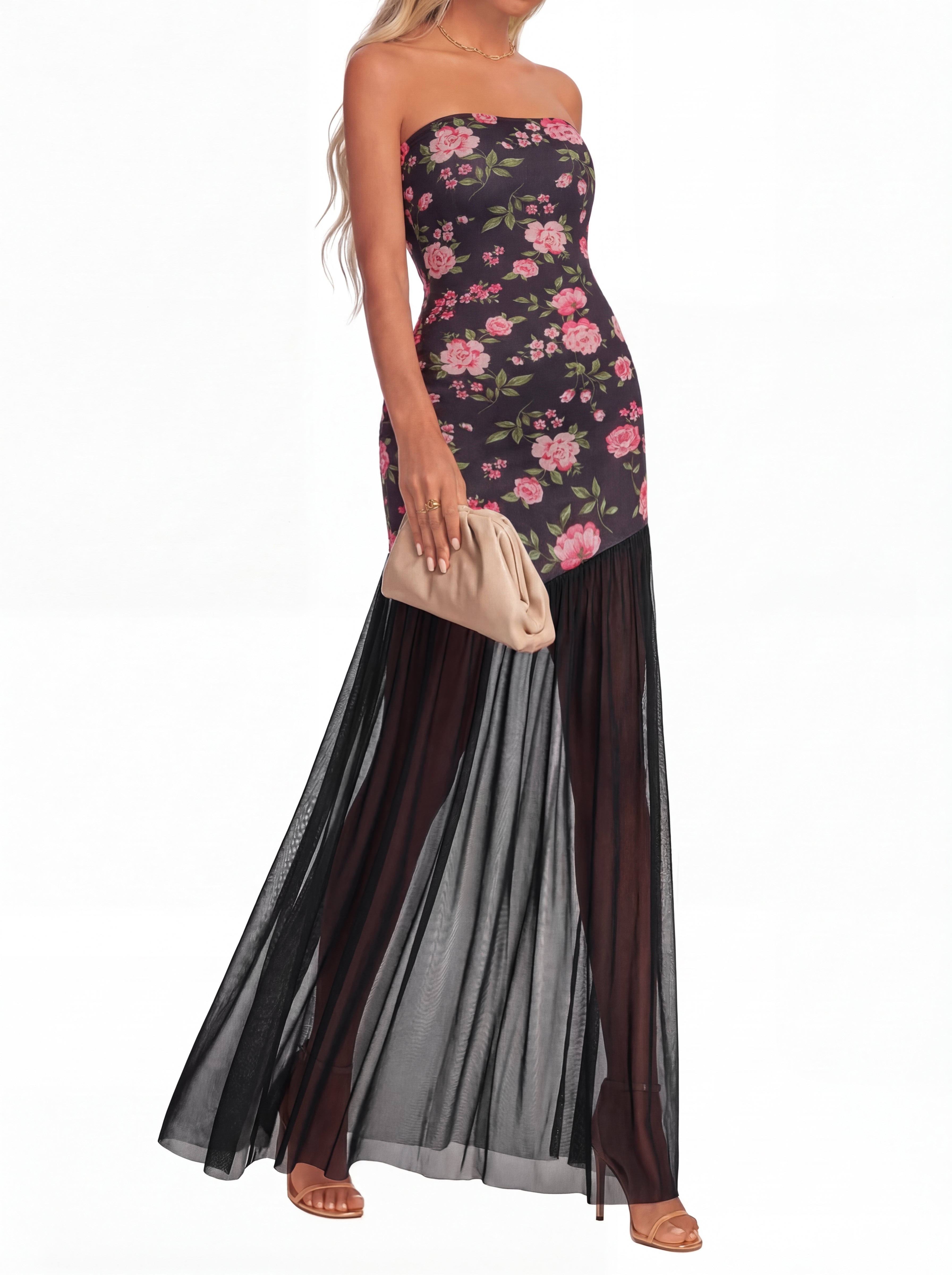 KIRUNDO Women's 2026 Summer Strapless Bodycon Floral Maxi Dress Mesh Mermaid Wedding Guest Cocktail Party Formal Dresses