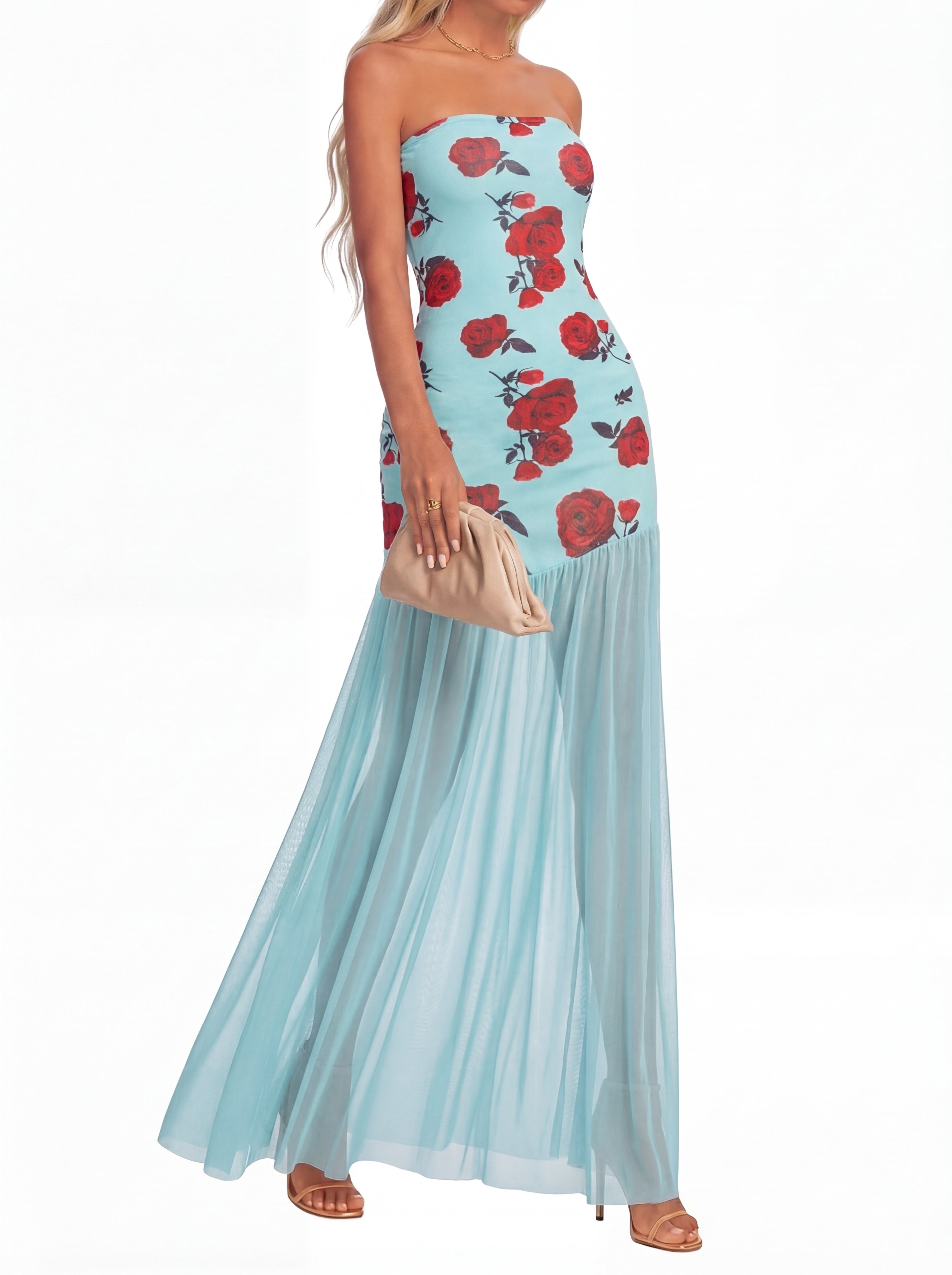 KIRUNDO Women's 2026 Summer Strapless Bodycon Floral Maxi Dress Mesh Mermaid Wedding Guest Cocktail Party Formal Dresses