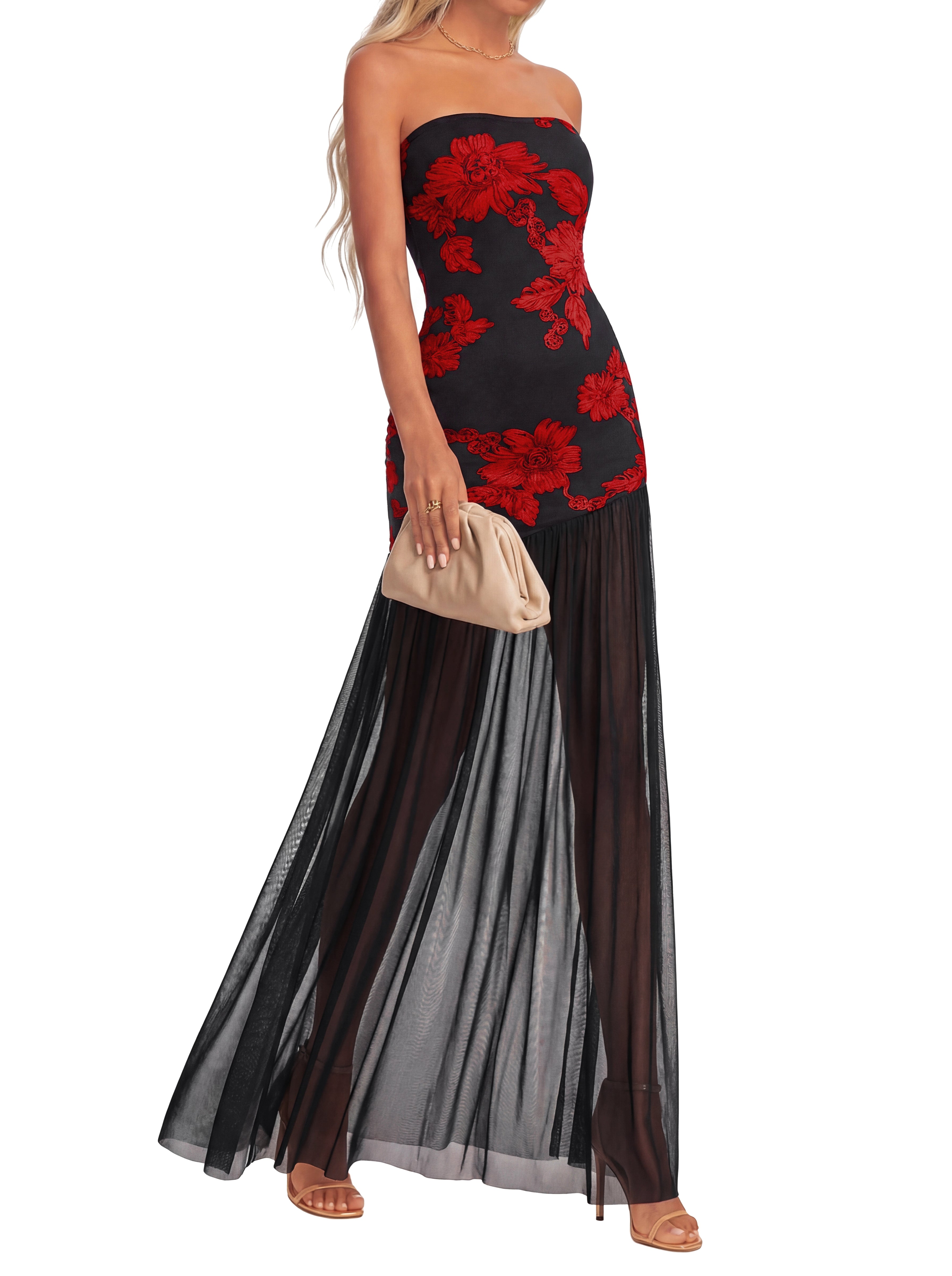 KIRUNDO Women's 2026 Summer Strapless Bodycon Floral Maxi Dress Mesh Mermaid Wedding Guest Cocktail Party Formal Dresses