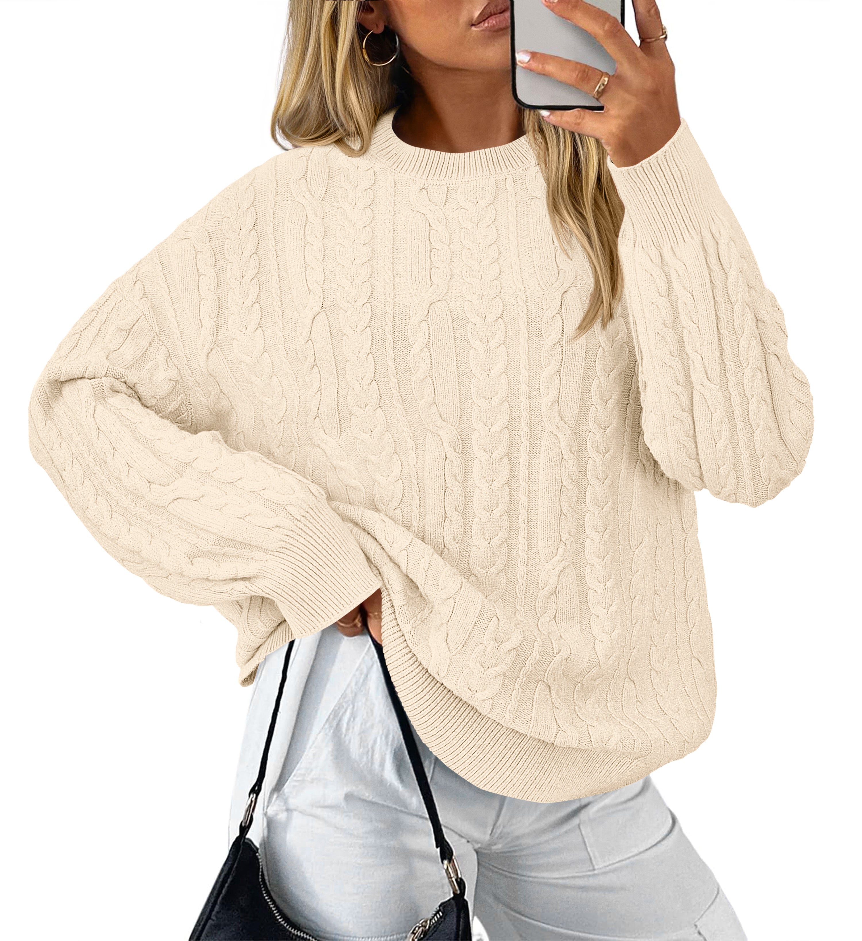KIRUNDO Oversized Cable Knit Sweater Women 2025 Early Fall Fashion Chunky Cozy Long Sleeve Crewneck Pullover Winter Clothing