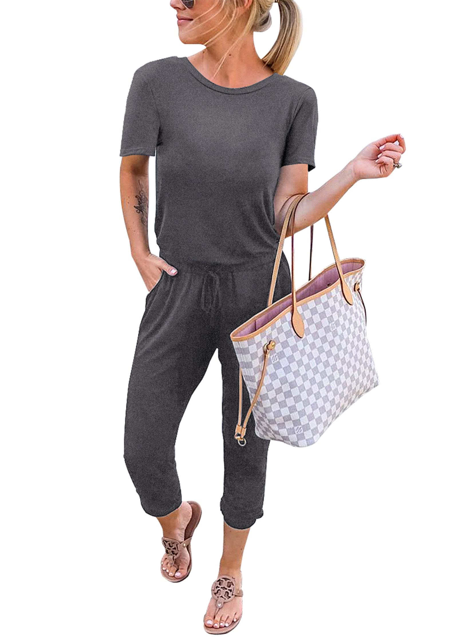 KIRUNDO Jumpsuits for Women Summer 2026 Casual Short Sleeve One Piece Outfits Drawstring Waist Long Pants Romper Jumpers