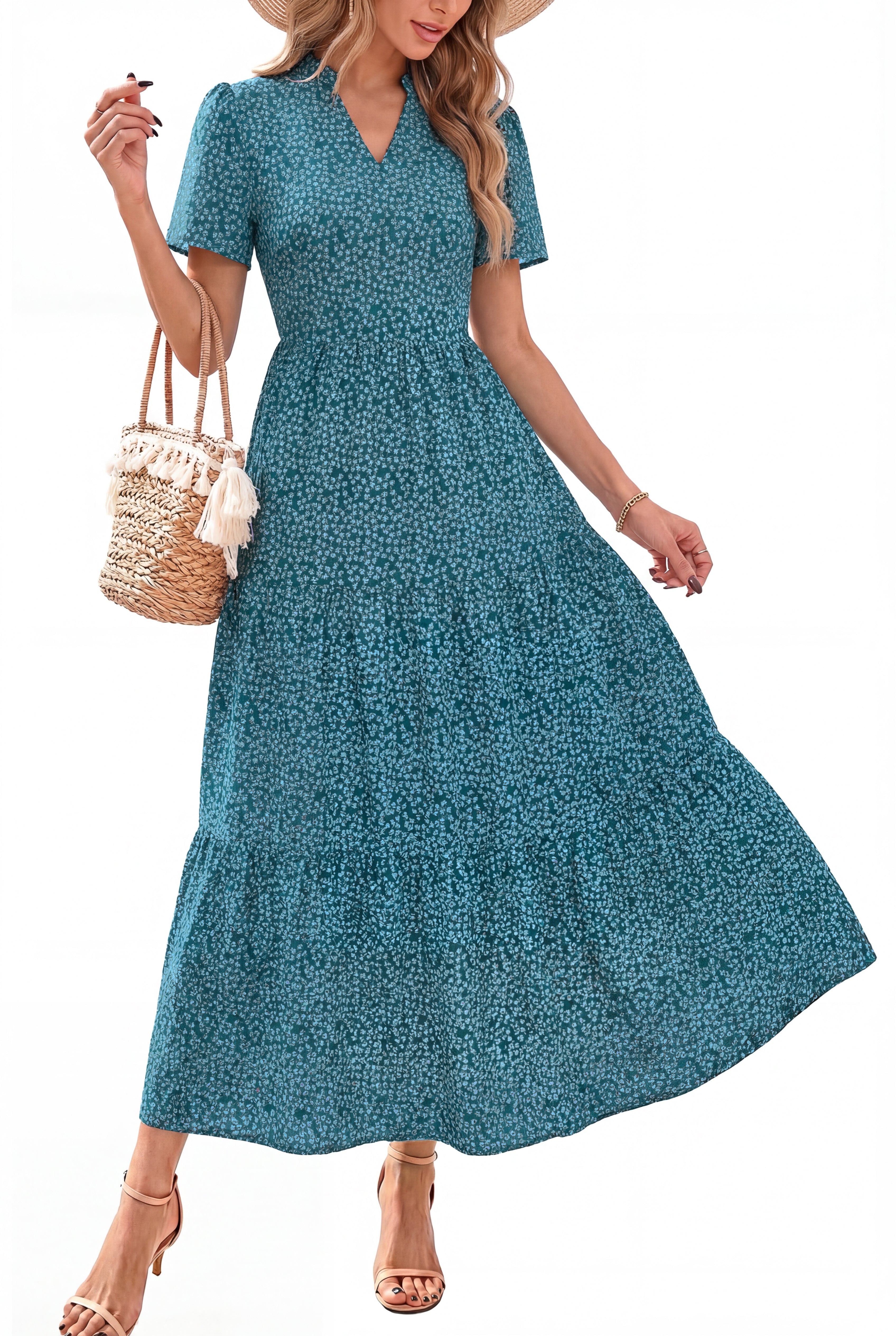 KIRUNDO Women’s Summer Dresses Casual V Neck Short Sleeve Floral Long Flowy A Line Boho Maxi Dress for Beach Vacation Wedding