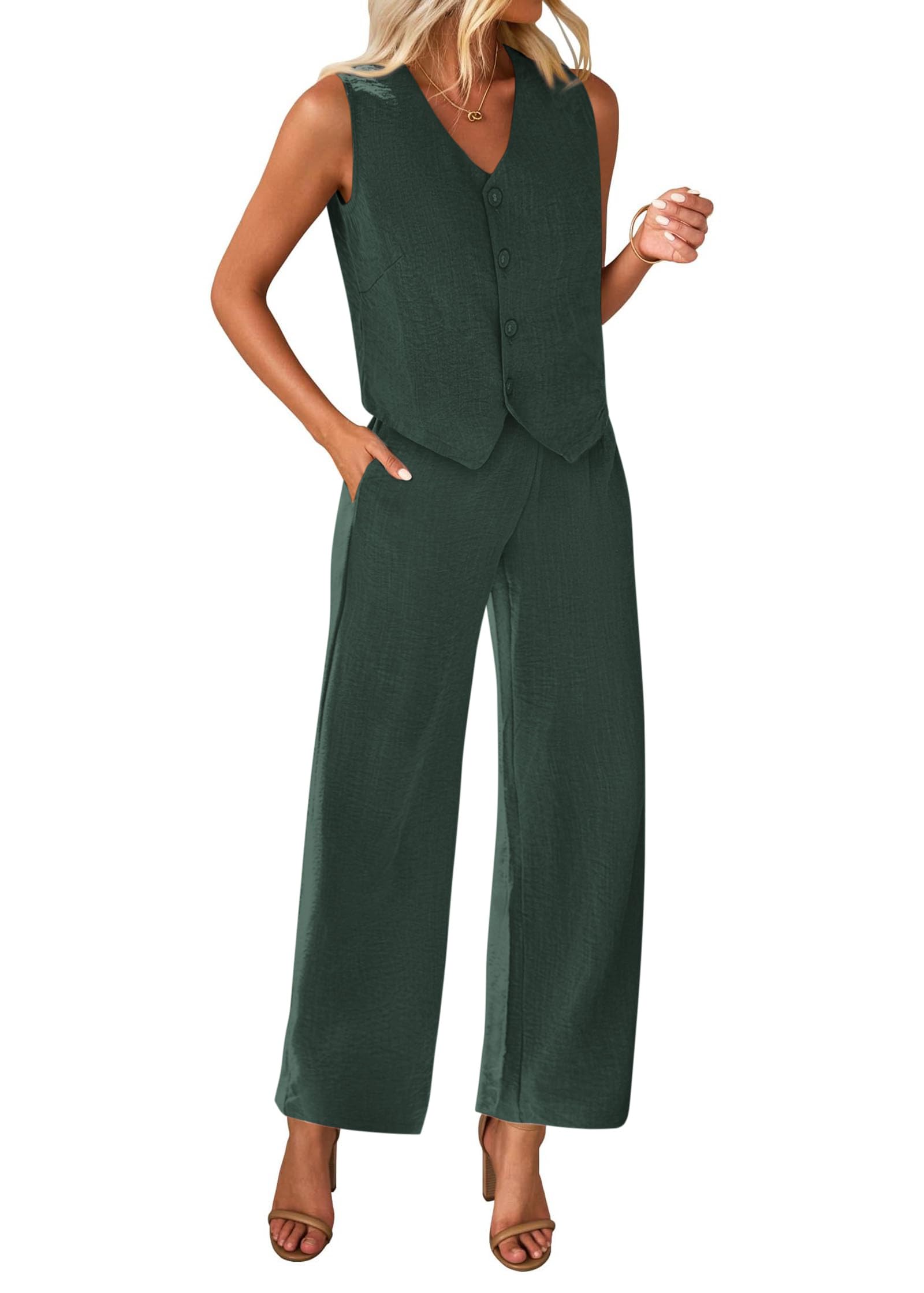 KIRUNDO Womens Two Piece Outfits Summer Fashion Button V Neck Crop Vest Blazer and Wide Leg Pants Suit Matching Sets