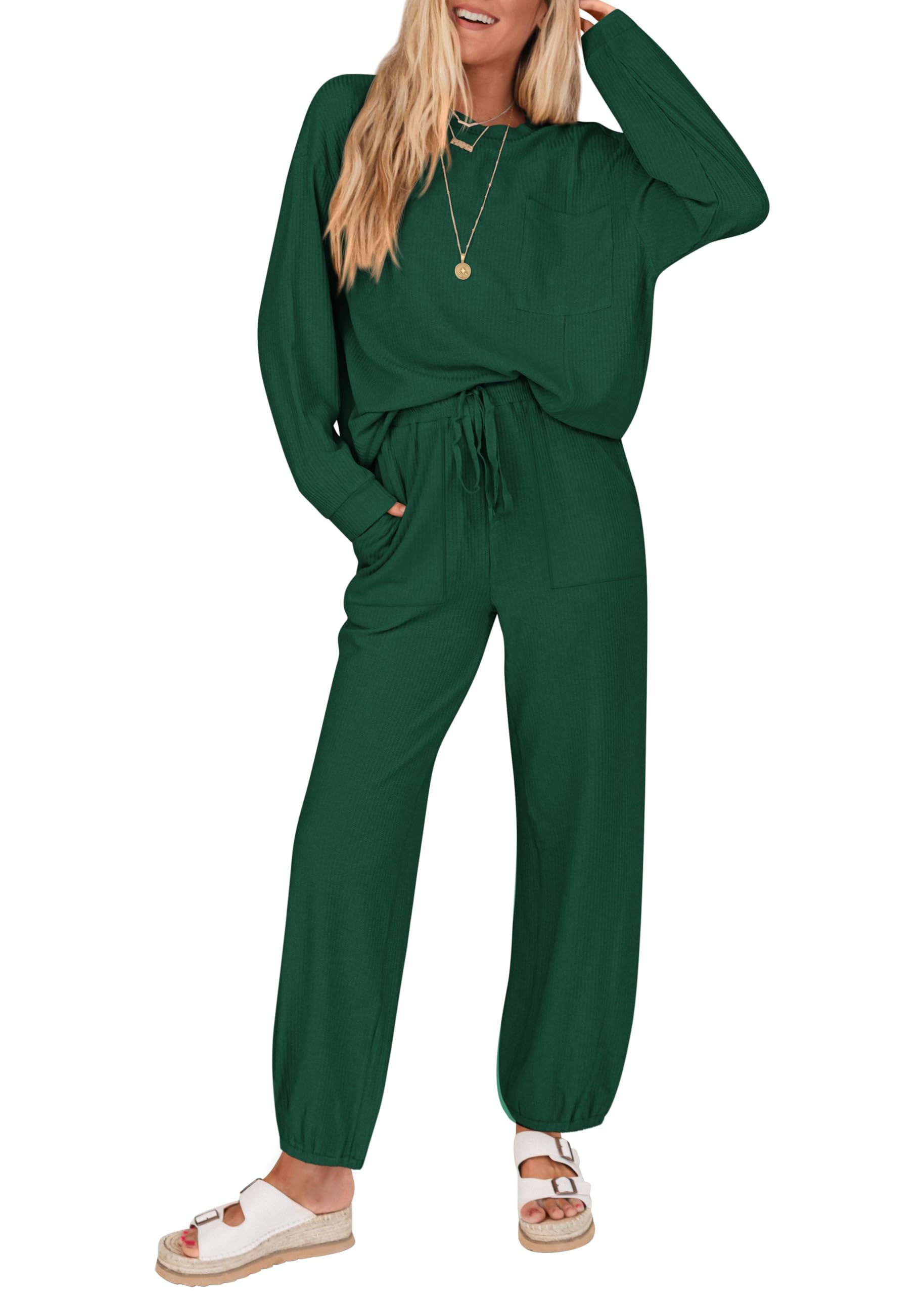KIRUNDO Lounge Sets for Women 2026 Spring Airport Travel Outfits Ribbed Knit Tops Jogger Pants Tracksuit Postpartum Comfy Set