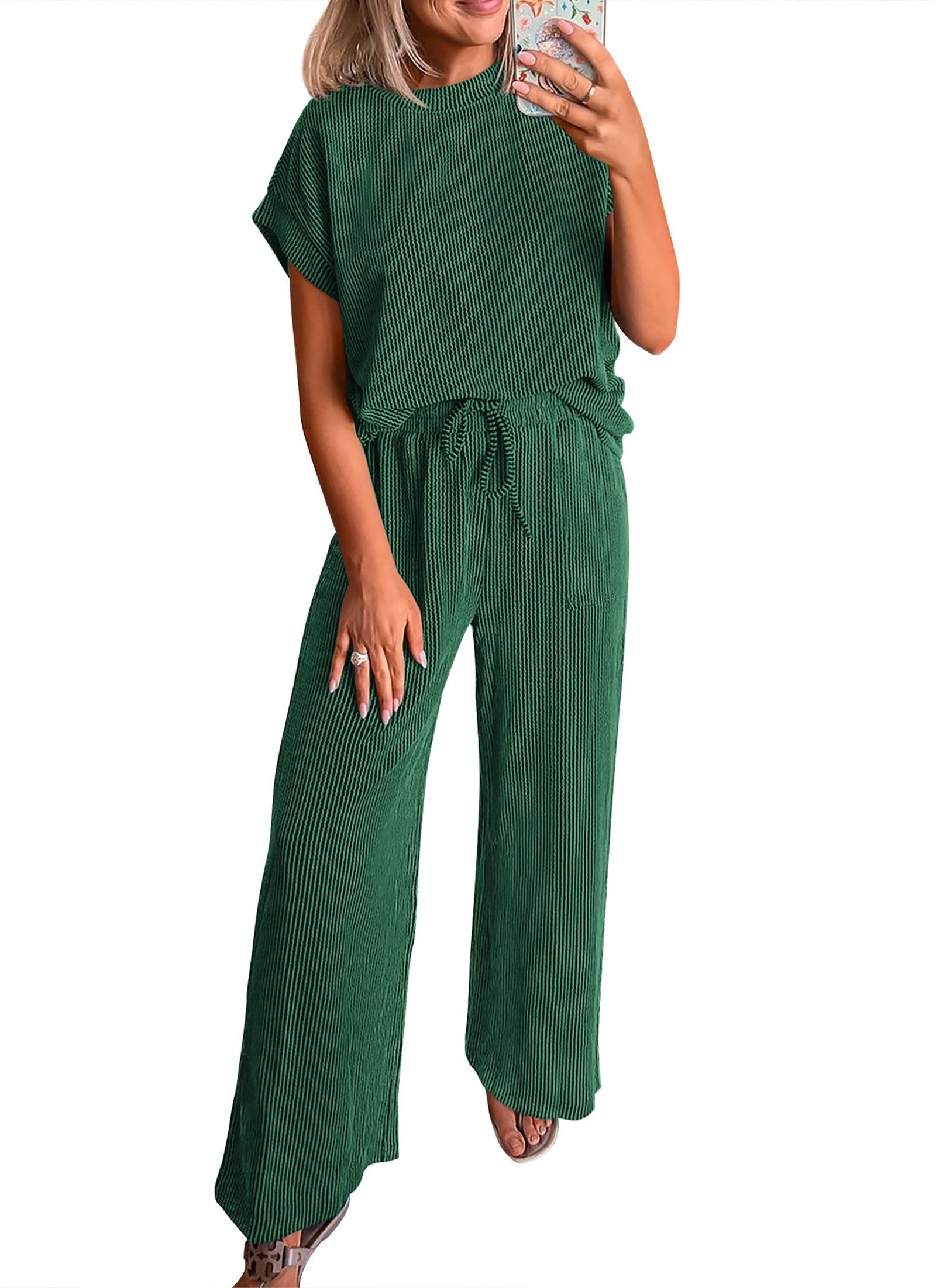 KIRUNDO 2 Piece Sets for Women Dressy Casual Ribbed Knit Short Sleeve Tops Wide Leg Pants Lounge Set Travel Airport Outfits