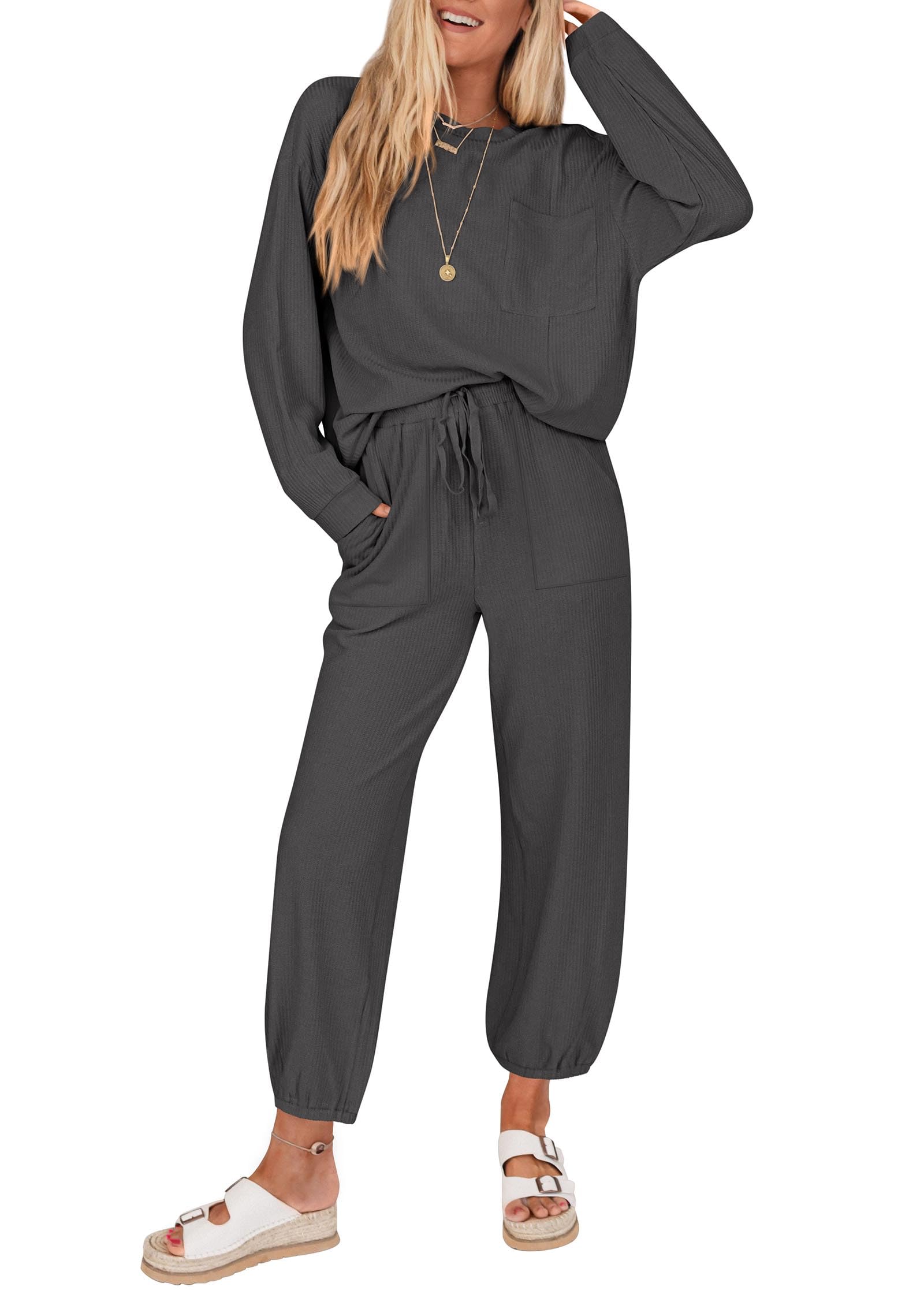 KIRUNDO Lounge Sets for Women 2026 Spring Airport Travel Outfits Ribbed Knit Tops Jogger Pants Tracksuit Postpartum Comfy Set
