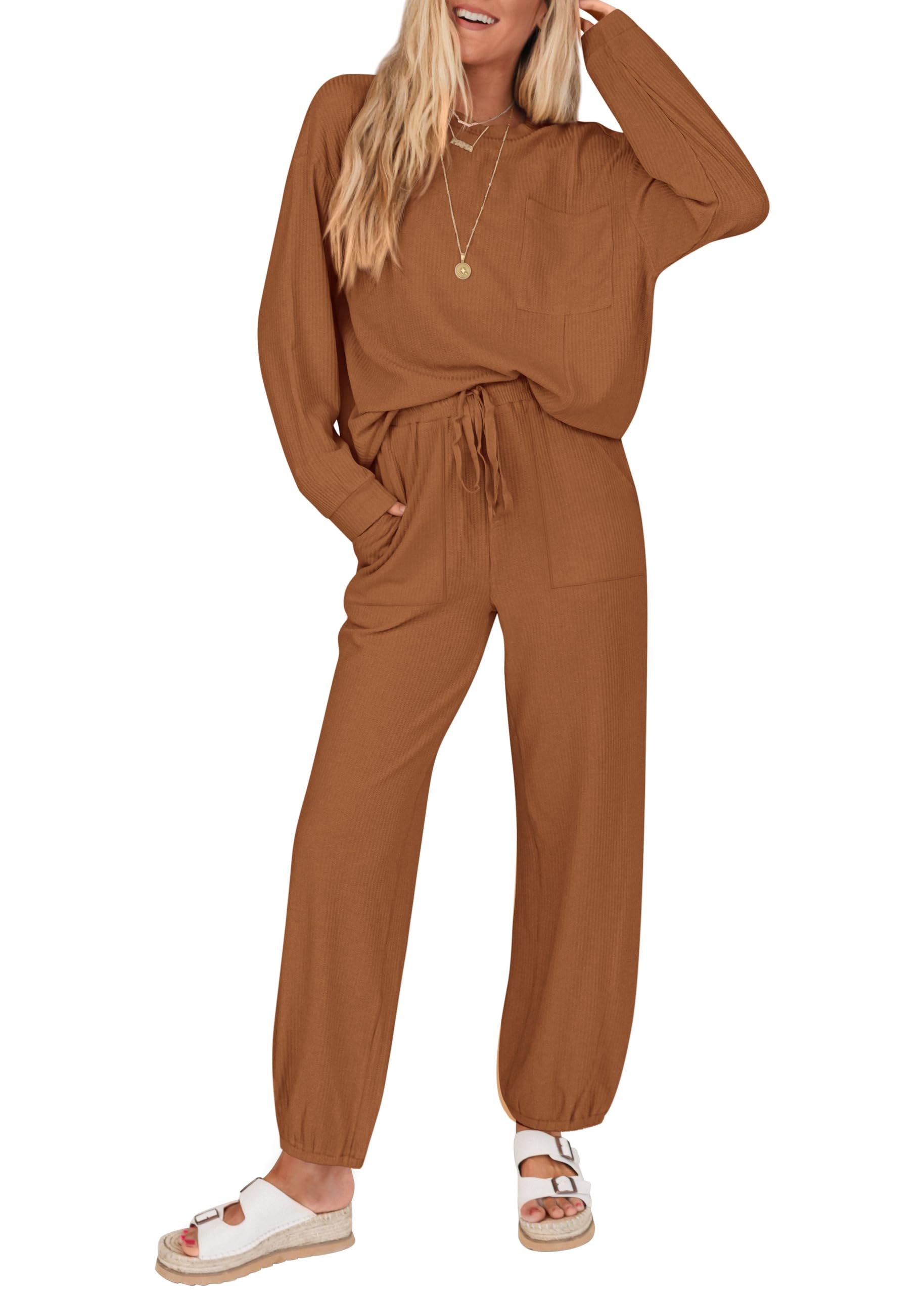 KIRUNDO Lounge Sets for Women 2026 Spring Airport Travel Outfits Ribbed Knit Tops Jogger Pants Tracksuit Postpartum Comfy Set