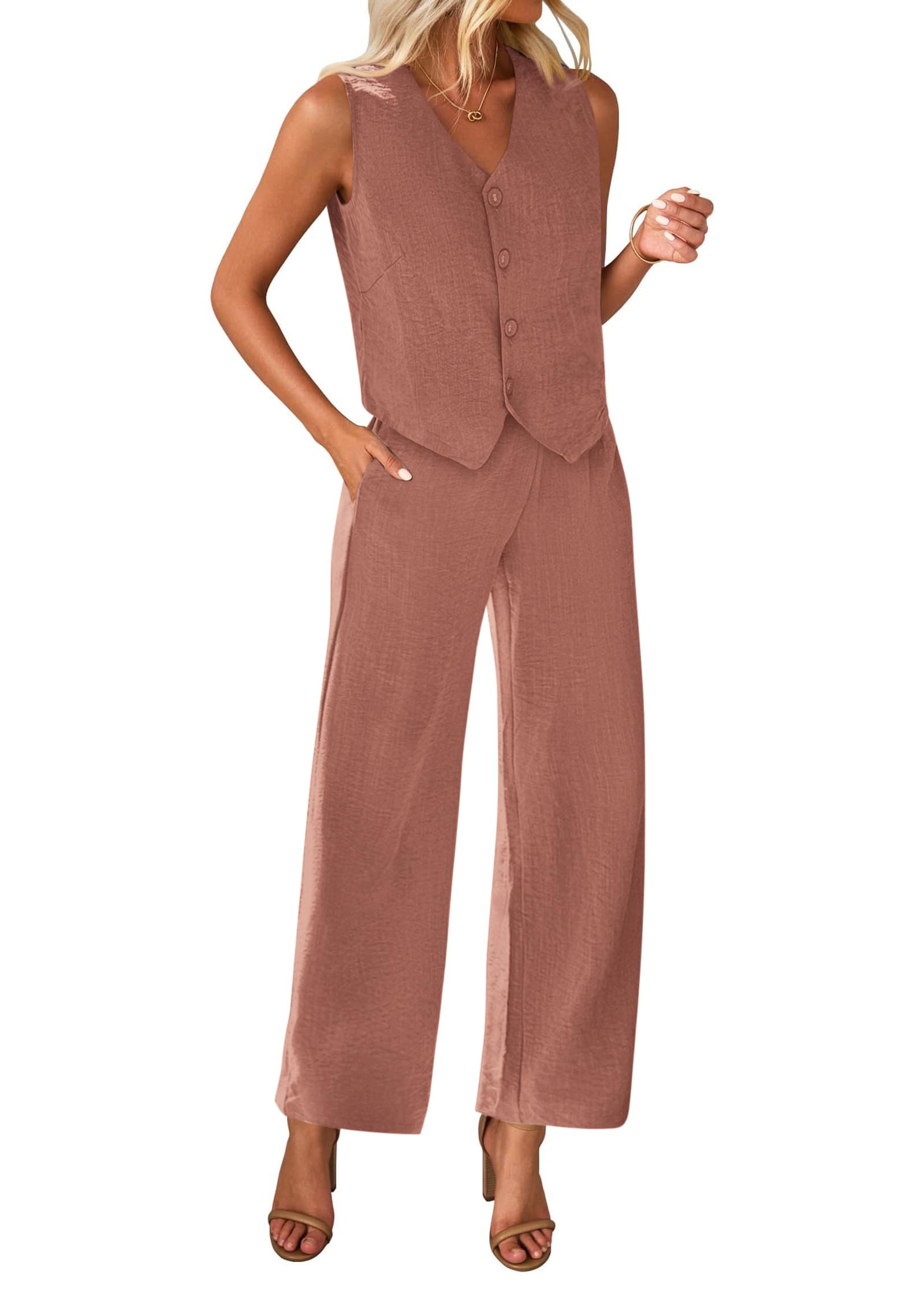 KIRUNDO Womens Two Piece Outfits Summer Fashion Button V Neck Crop Vest Blazer and Wide Leg Pants Suit Matching Sets