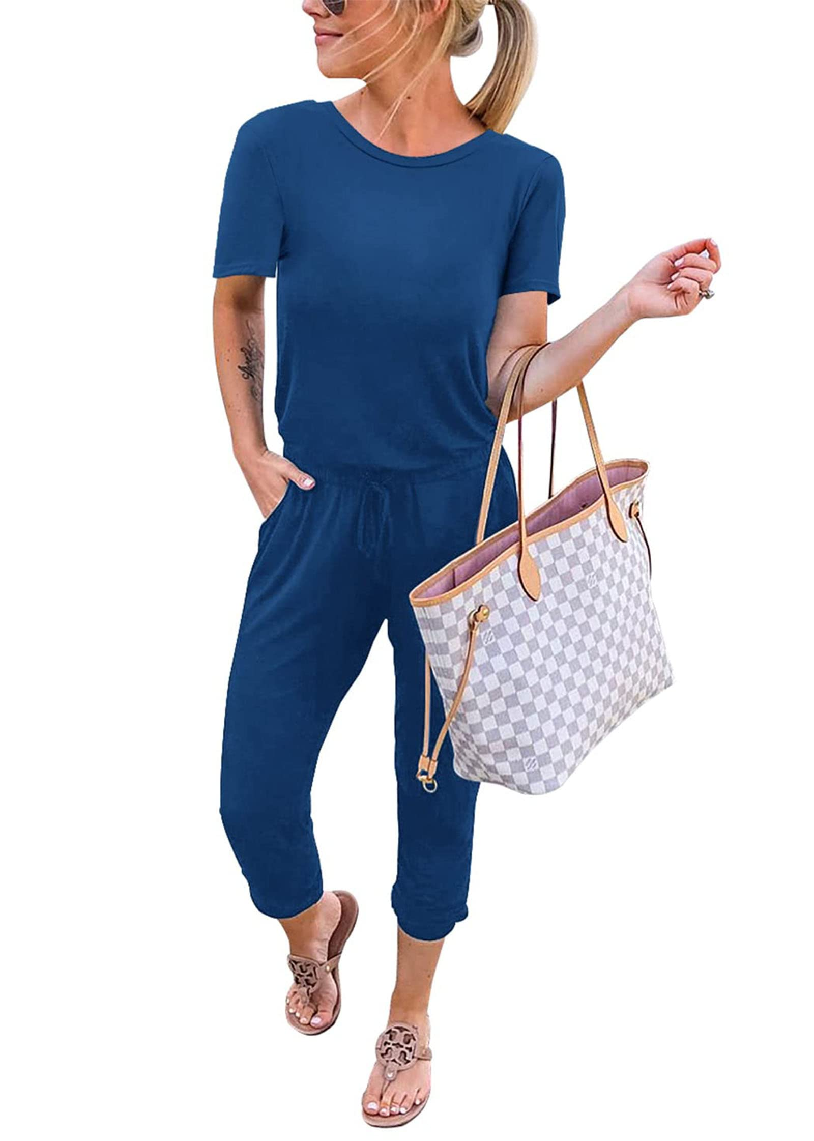 KIRUNDO Jumpsuits for Women Summer 2026 Casual Short Sleeve One Piece Outfits Drawstring Waist Long Pants Romper Jumpers