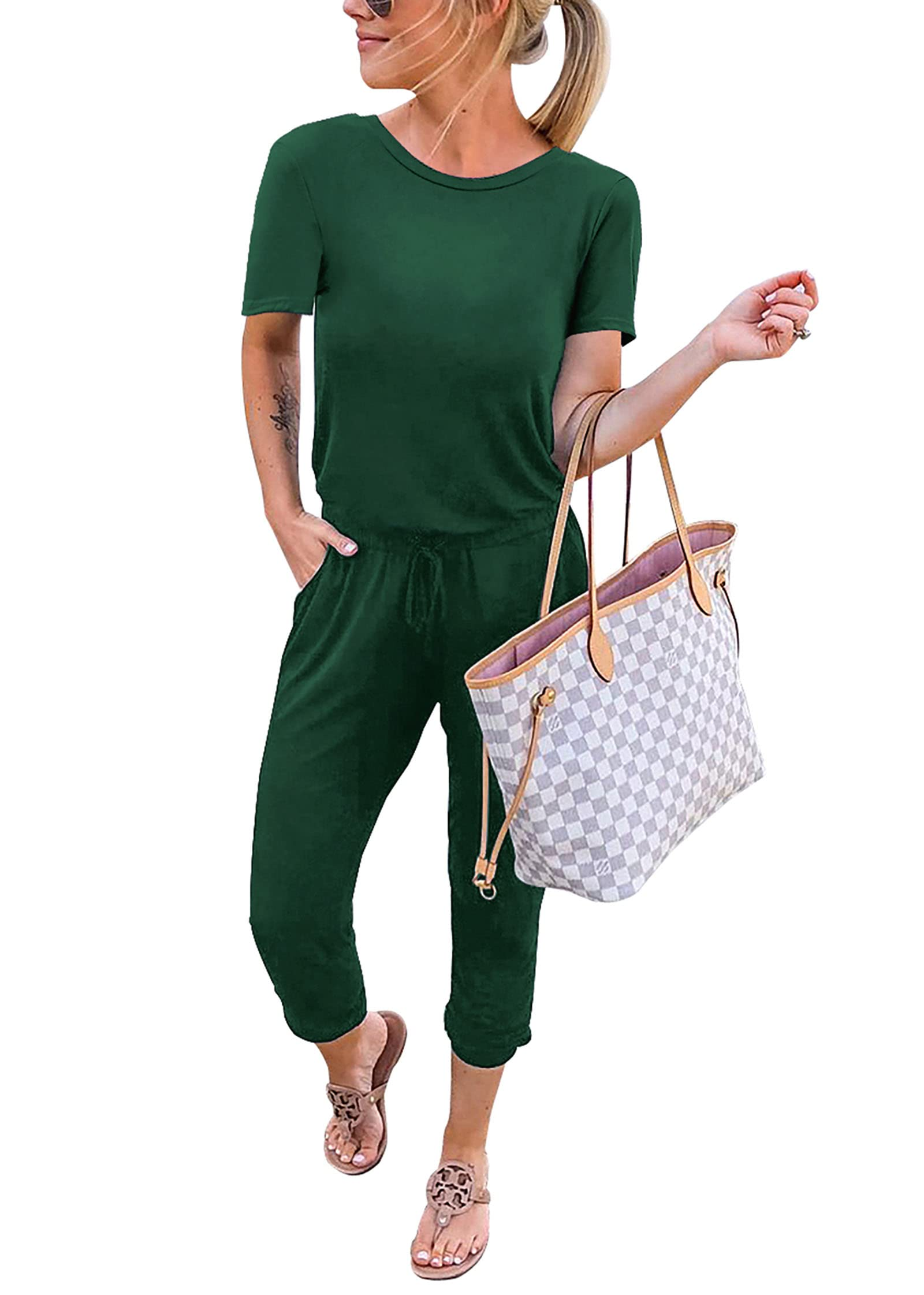 KIRUNDO Jumpsuits for Women Summer 2026 Casual Short Sleeve One Piece Outfits Drawstring Waist Long Pants Romper Jumpers