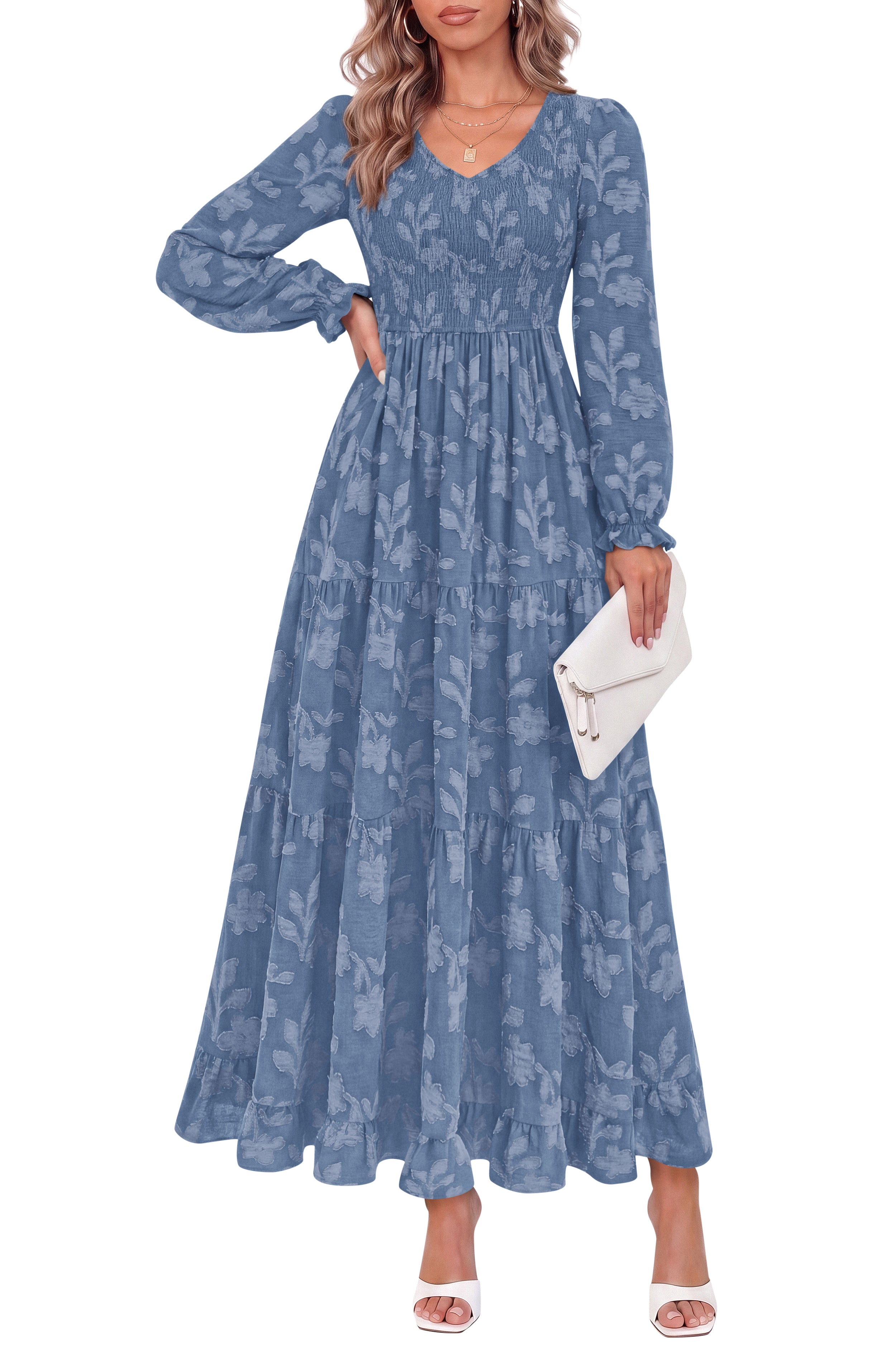 KIRUNDO Fall Dresses For Women 2026 Long Sleeve V Neck Floral Boho Flowy Smocked Casual Wedding Guest Maxi Dress With Pockets