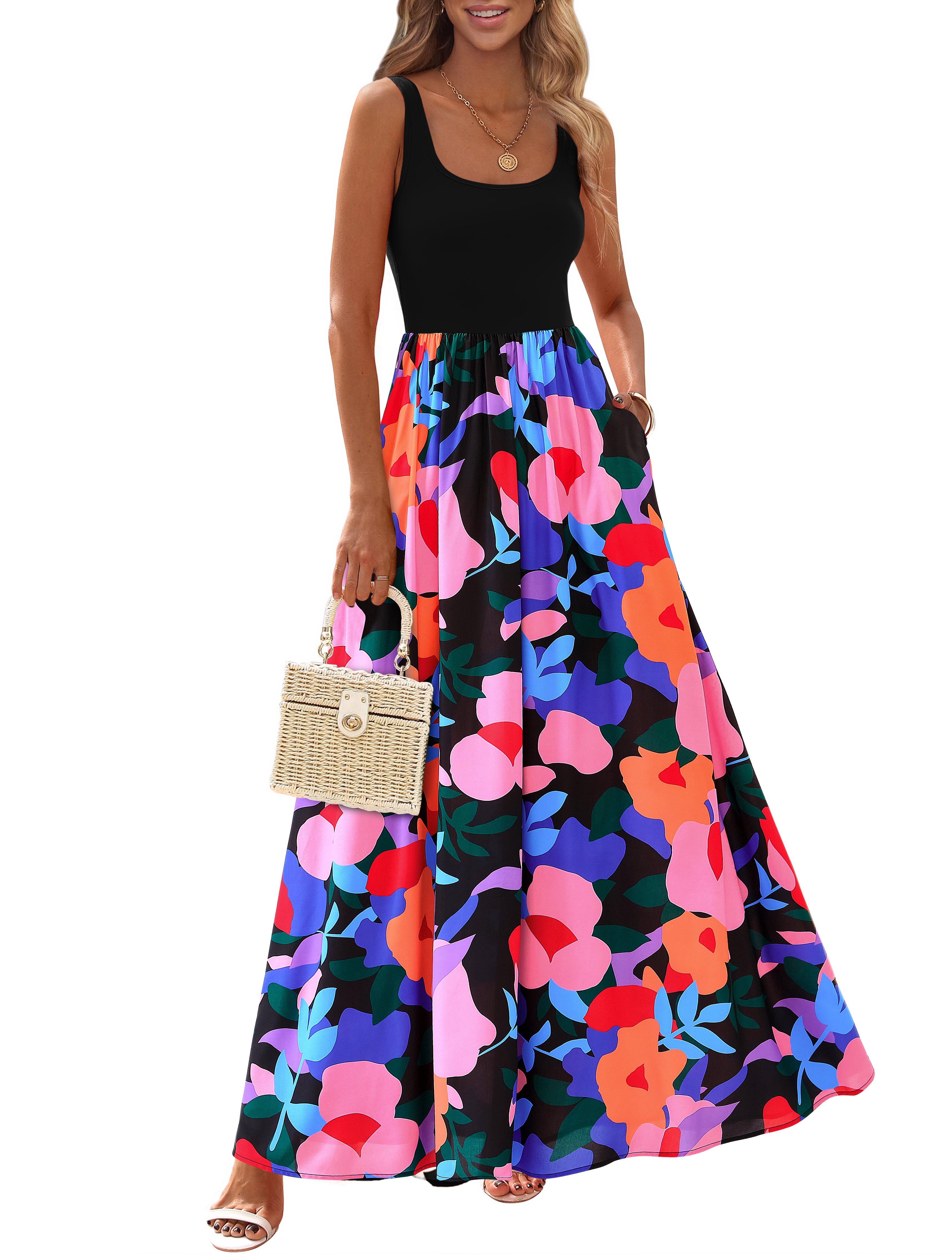 KIRUNDO Women Summer Sleeveless Boho Floral Maxi Dress 2026 Scoop Neck Tank A Line Flowy Beach Vacation Resort Wear Sundress