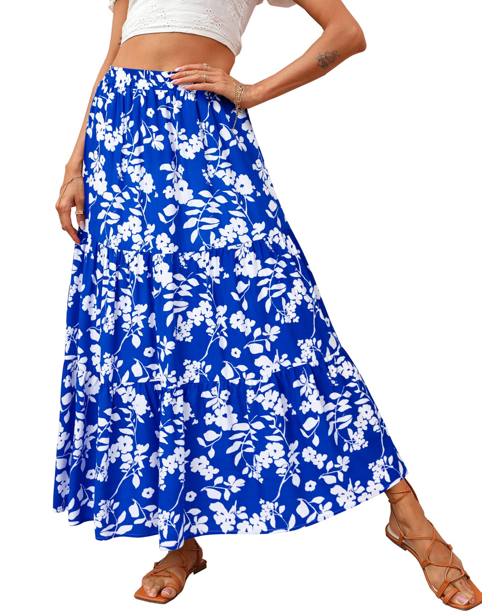 KIRUNDO Women 2026 Spring Summer High Waist Boho Floral Maxi Skirt Trendy Casual Flowy Swing Pleated A Line Beach Long Skirts