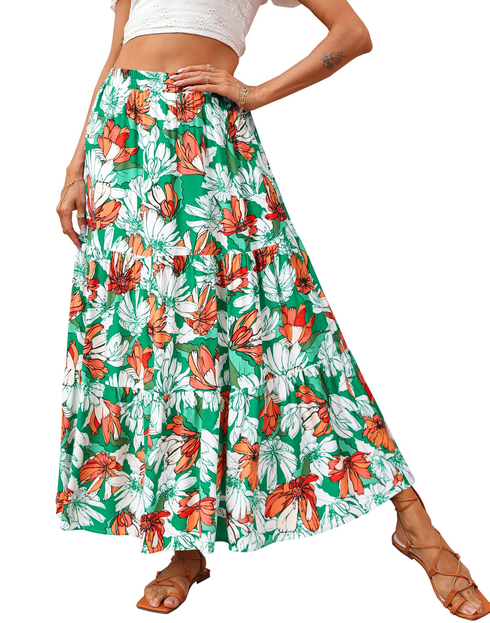 KIRUNDO Women 2026 Spring Summer High Waist Boho Floral Maxi Skirt Trendy Casual Flowy Swing Pleated A Line Beach Long Skirts