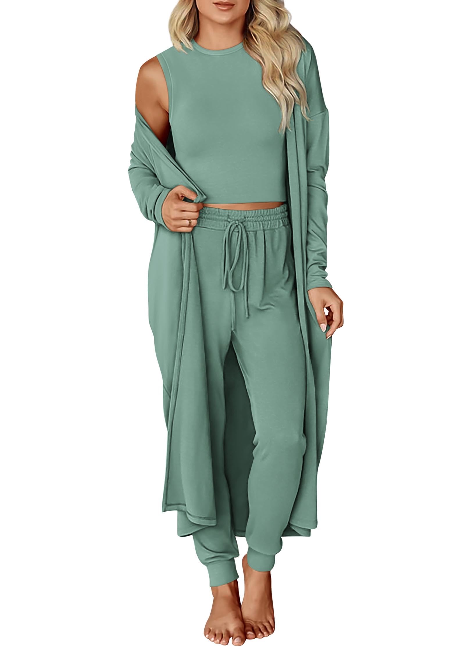 KIRUNDO 3 Piece Lounge Sets for Women Airport Travel Vacation Outfits Spring Cardigan Matching Sleeveless Top Jogger Pants
