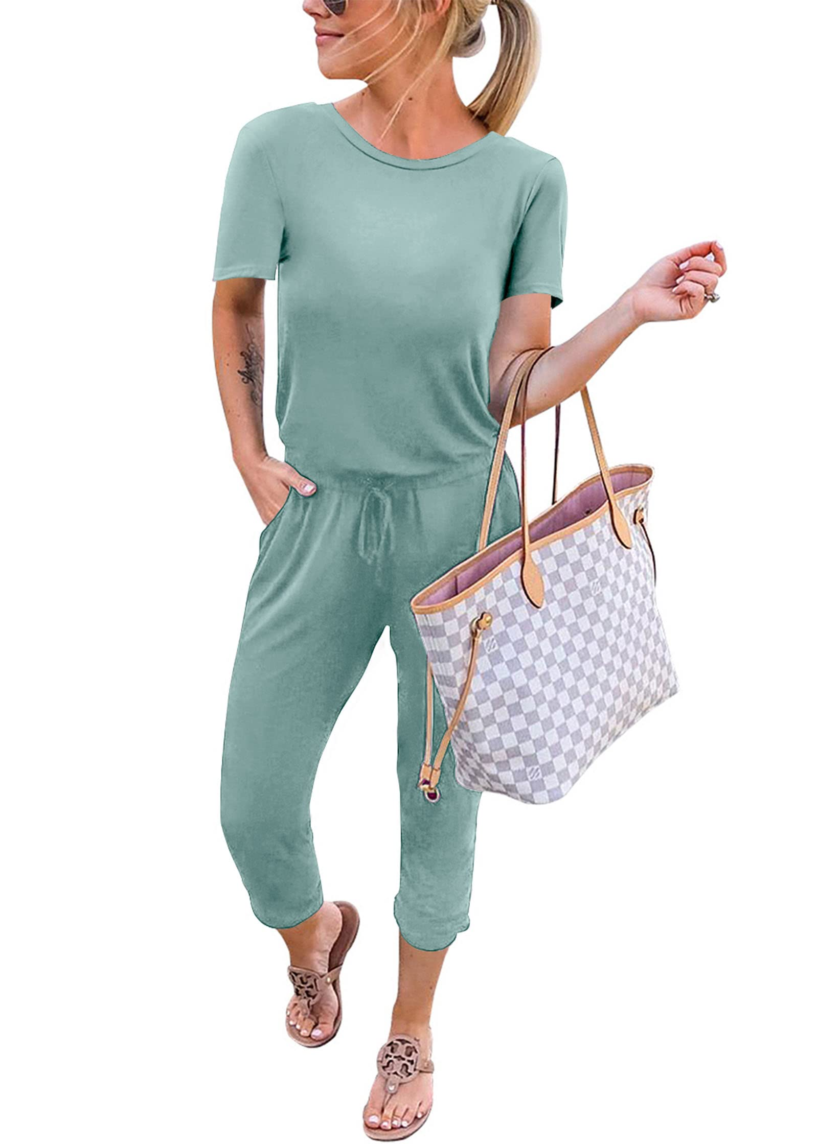KIRUNDO Jumpsuits for Women Summer 2026 Casual Short Sleeve One Piece Outfits Drawstring Waist Long Pants Romper Jumpers