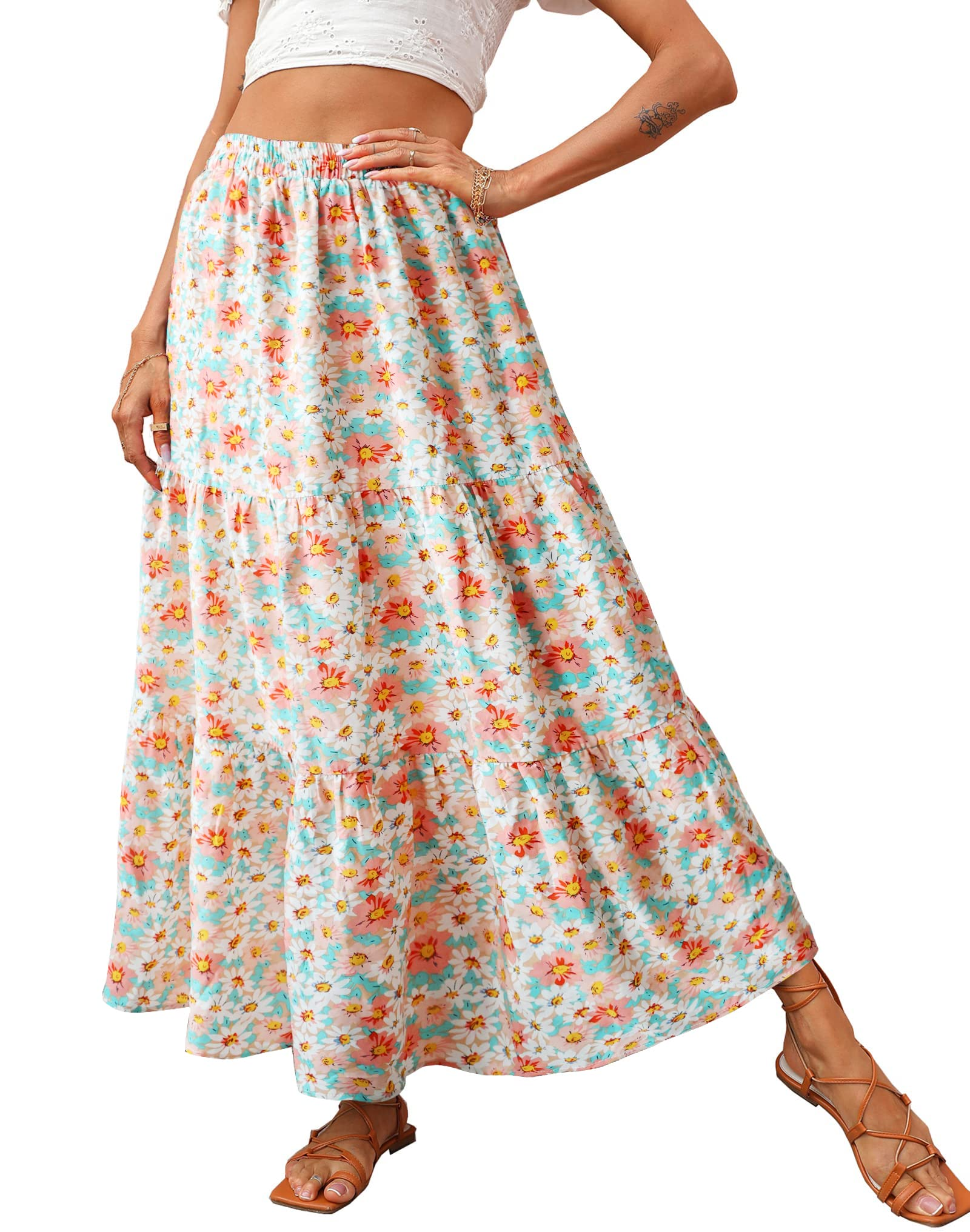 KIRUNDO Women 2026 Spring Summer High Waist Boho Floral Maxi Skirt Trendy Casual Flowy Swing Pleated A Line Beach Long Skirts