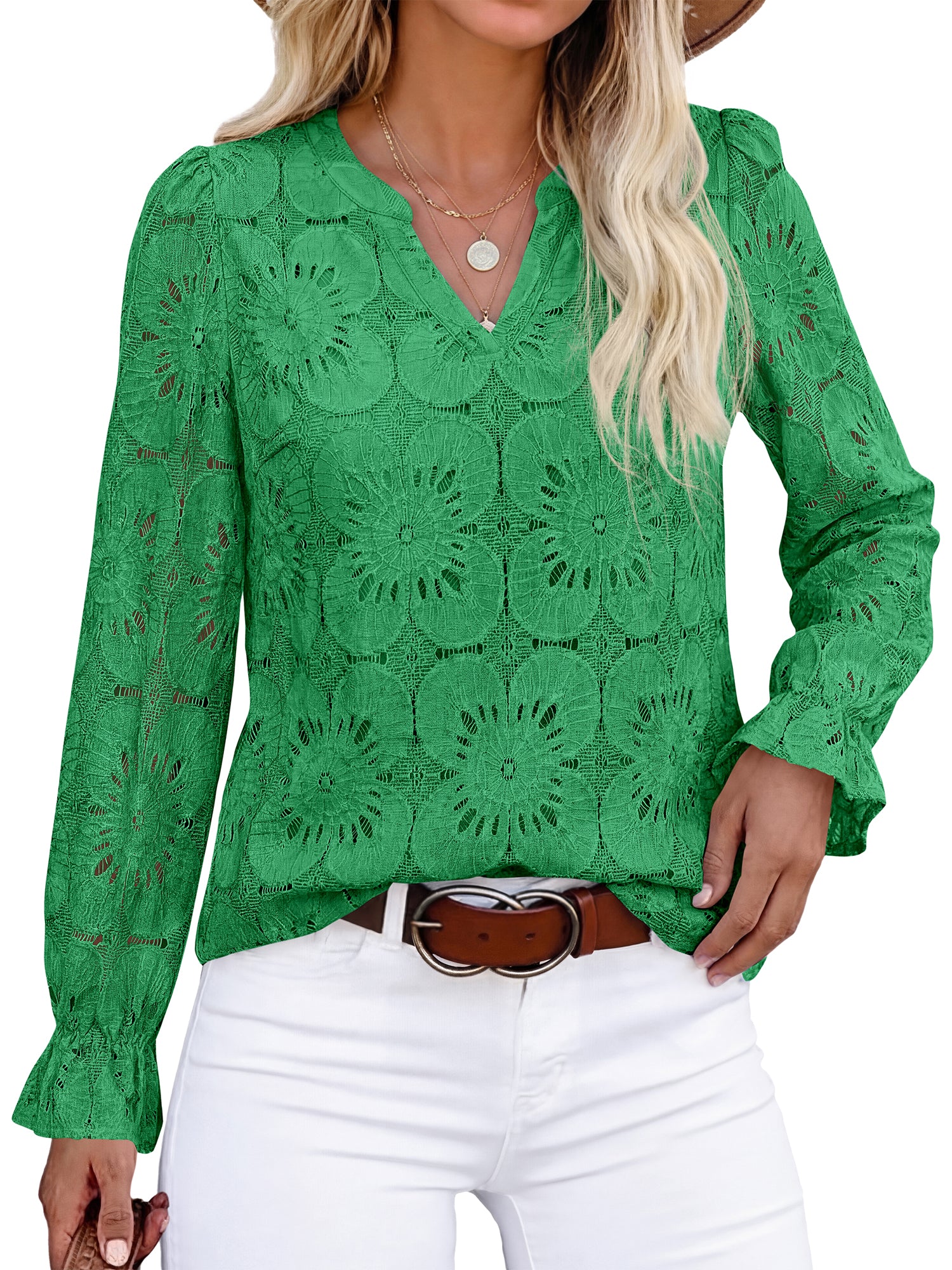 KIRUNDO Lace Tops for Women Dressy Eyelet Long Sleeve Blouses