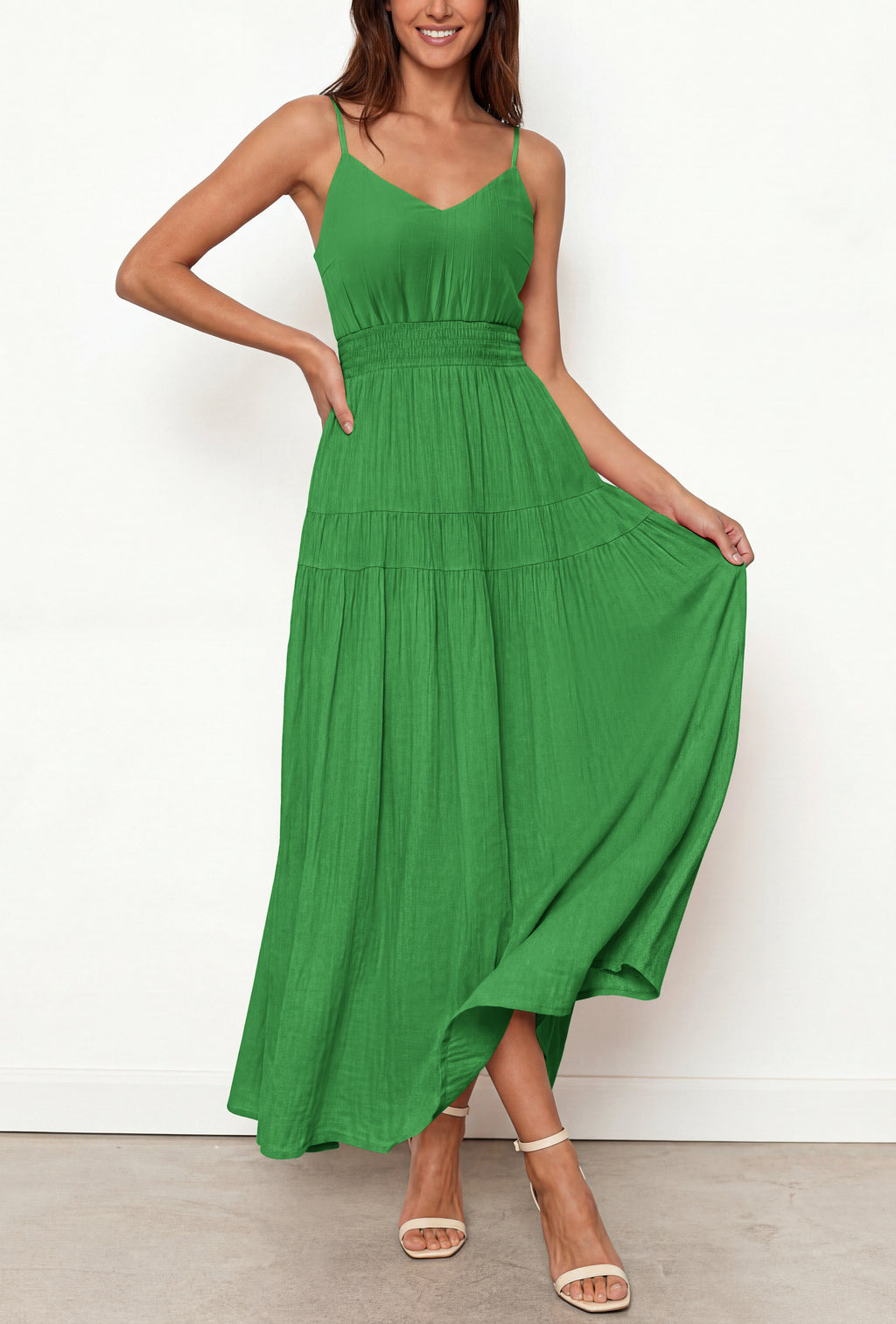 KIRUNDO Summer Dresses for Women Spaghetti Strap Sleeveless High Waist Flowy Boho Maxi Dress Beach Vacation Long Sundress