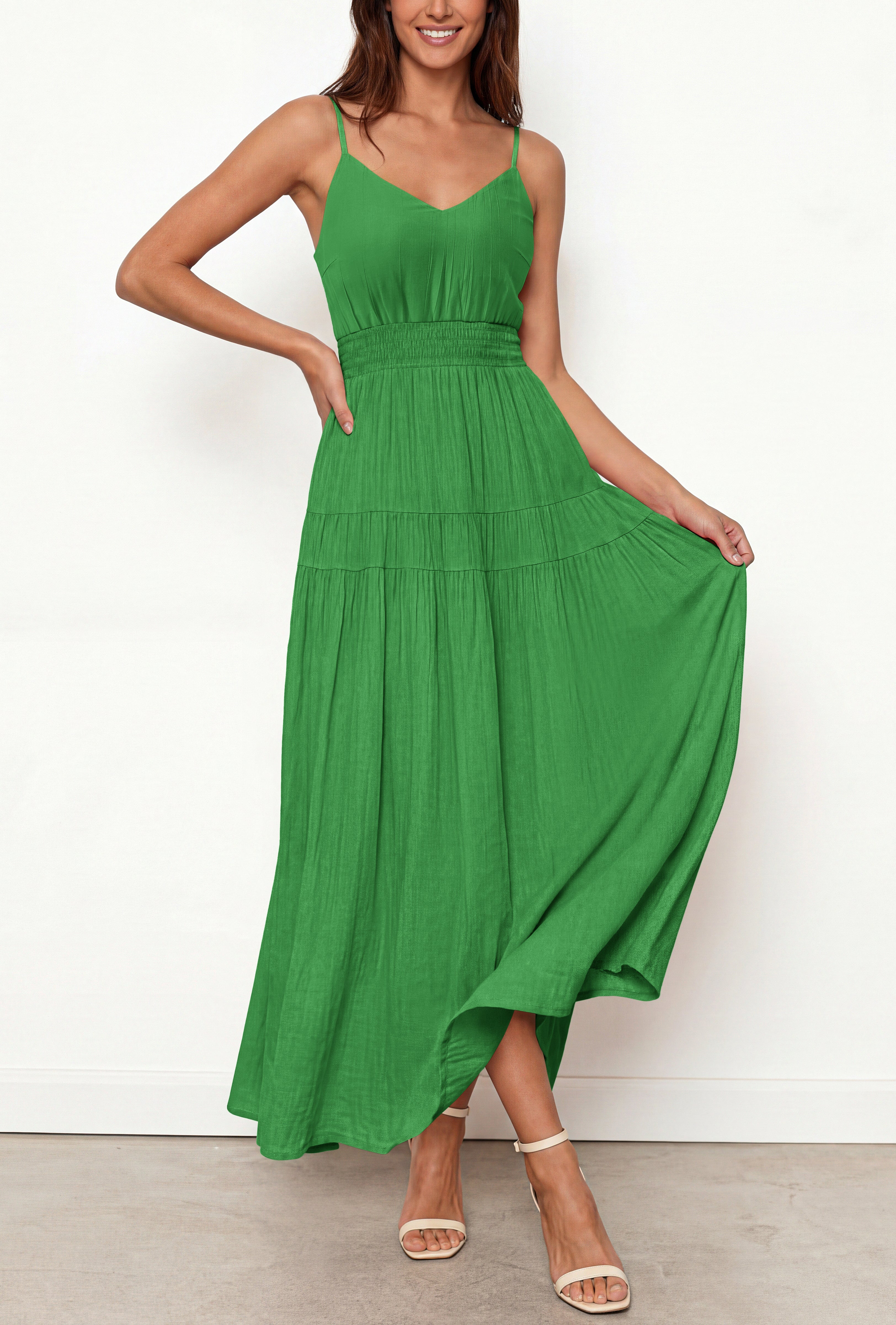 KIRUNDO Summer Dresses for Women Spaghetti Strap Sleeveless High Waist Flowy Boho Maxi Dress Beach Vacation Long Sundress