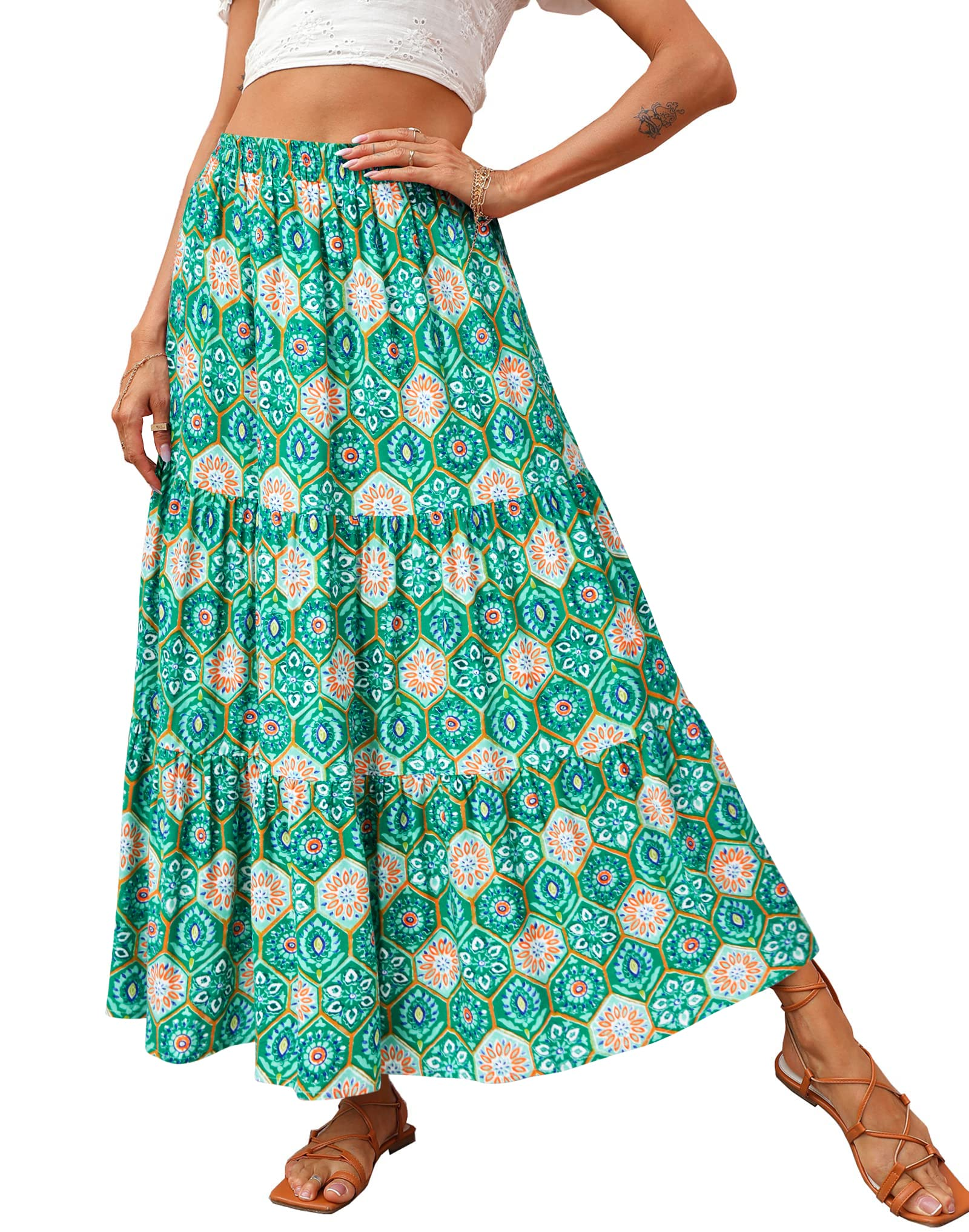 KIRUNDO Women 2026 Spring Summer High Waist Boho Floral Maxi Skirt Trendy Casual Flowy Swing Pleated A Line Beach Long Skirts